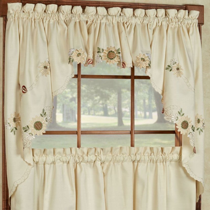 Sunflower Cream Embroidered Kitchen Curtains Swag Pair
