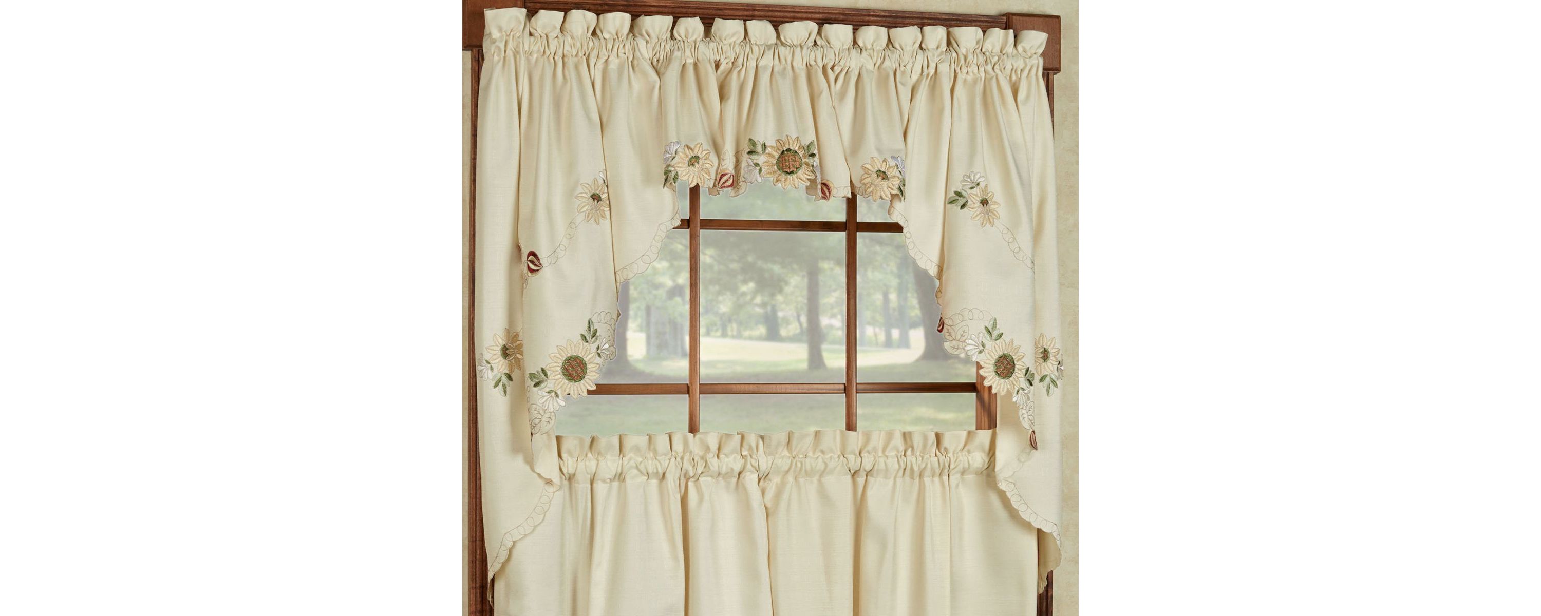 Sunflower Cream Embroidered Kitchen Curtains Swag Pair