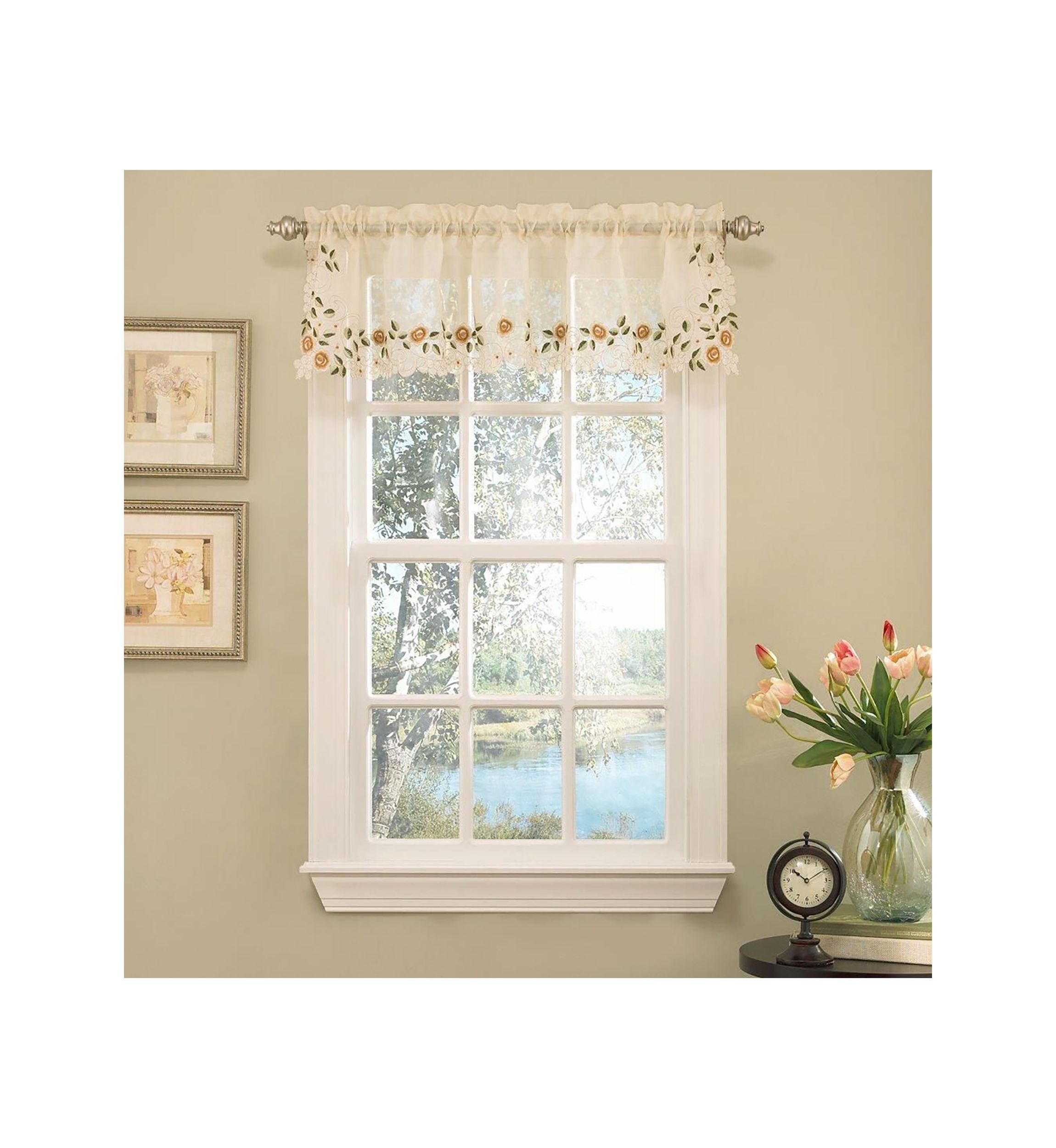 Rosemary Floral Embroidered Semi-Sheer Kitchen Curtain Valance