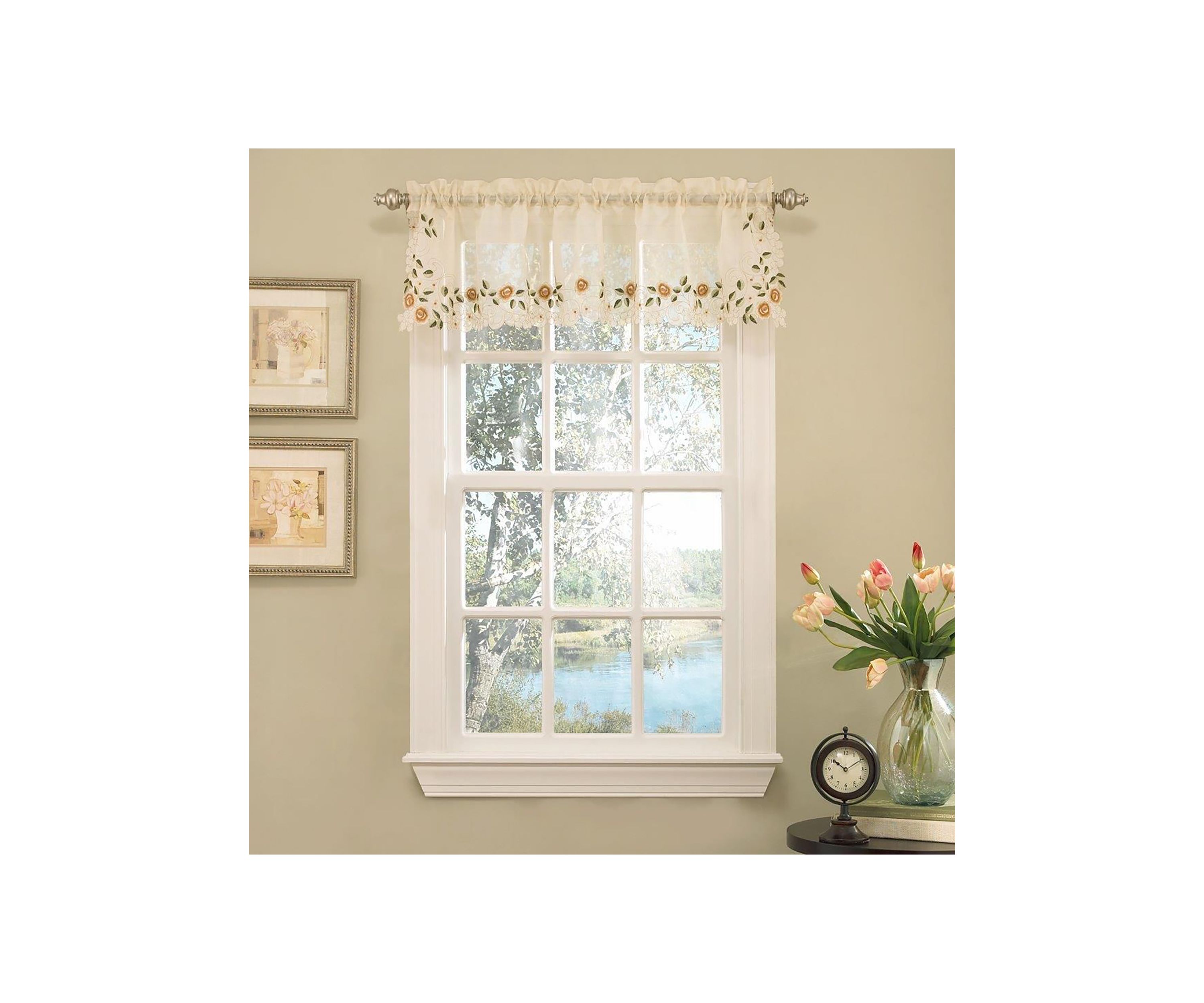 Rosemary Floral Embroidered Semi-Sheer Kitchen Curtain Valance