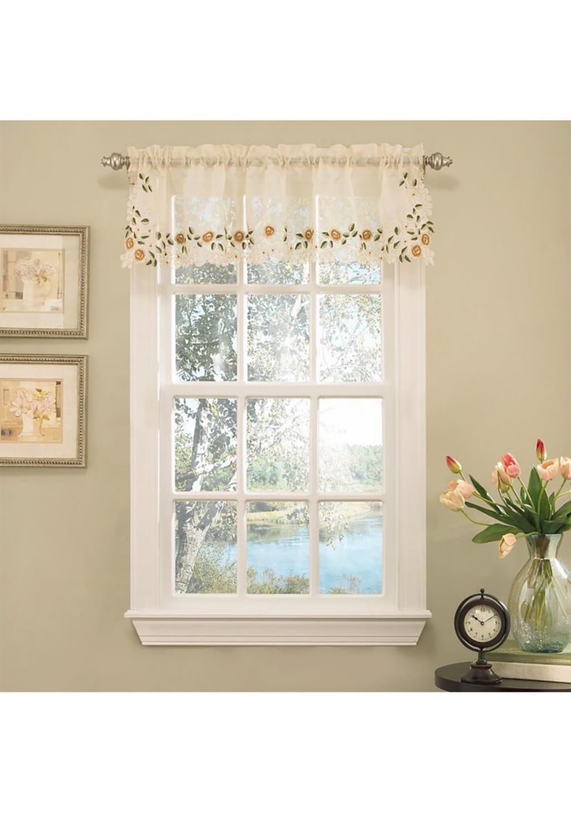Rosemary Floral Embroidered Semi-Sheer Kitchen Curtain Valance