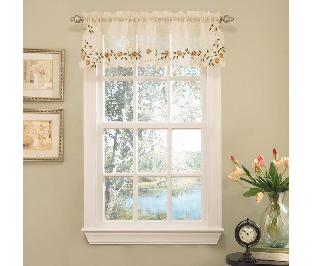 Rosemary Floral Embroidered Semi-Sheer Kitchen Curtain Valance