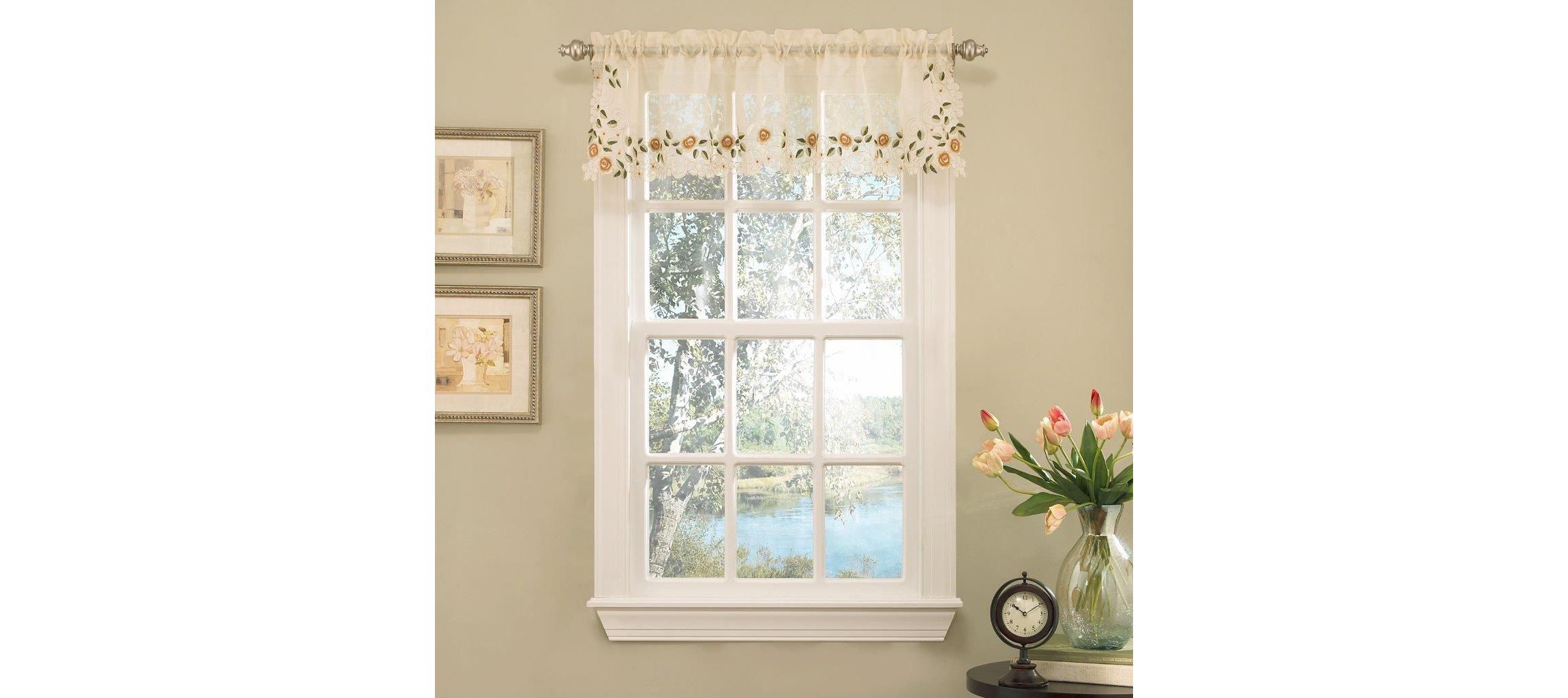 Rosemary Floral Embroidered Semi-Sheer Kitchen Curtain Valance