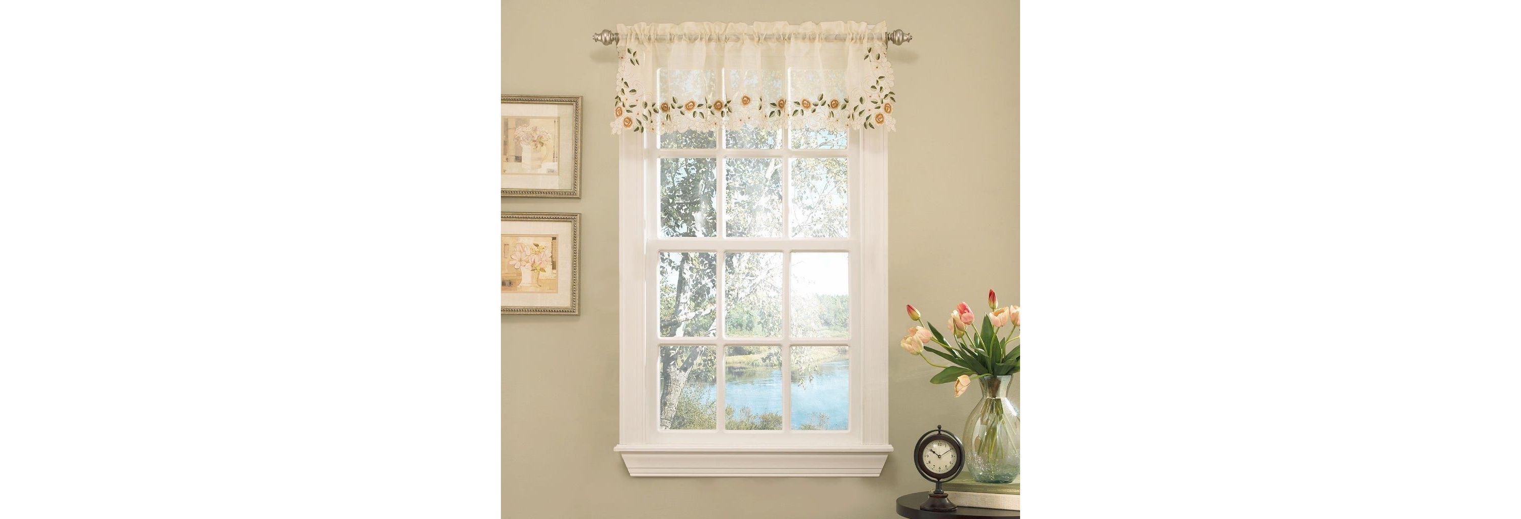 Rosemary Floral Embroidered Semi-Sheer Kitchen Curtain Valance