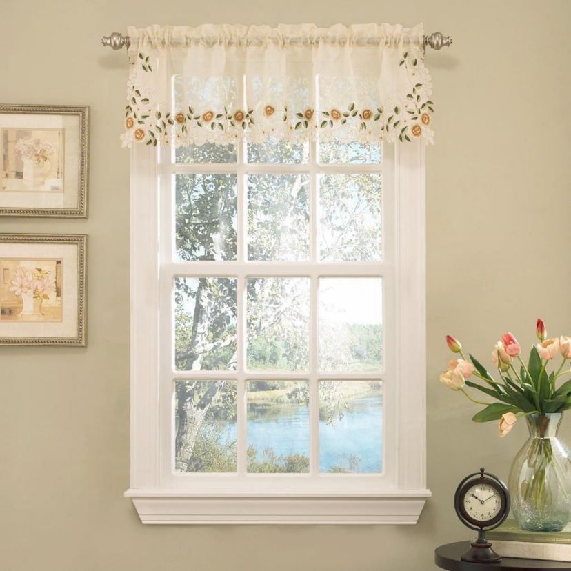 Rosemary Floral Embroidered Semi-Sheer Kitchen Curtain Valance