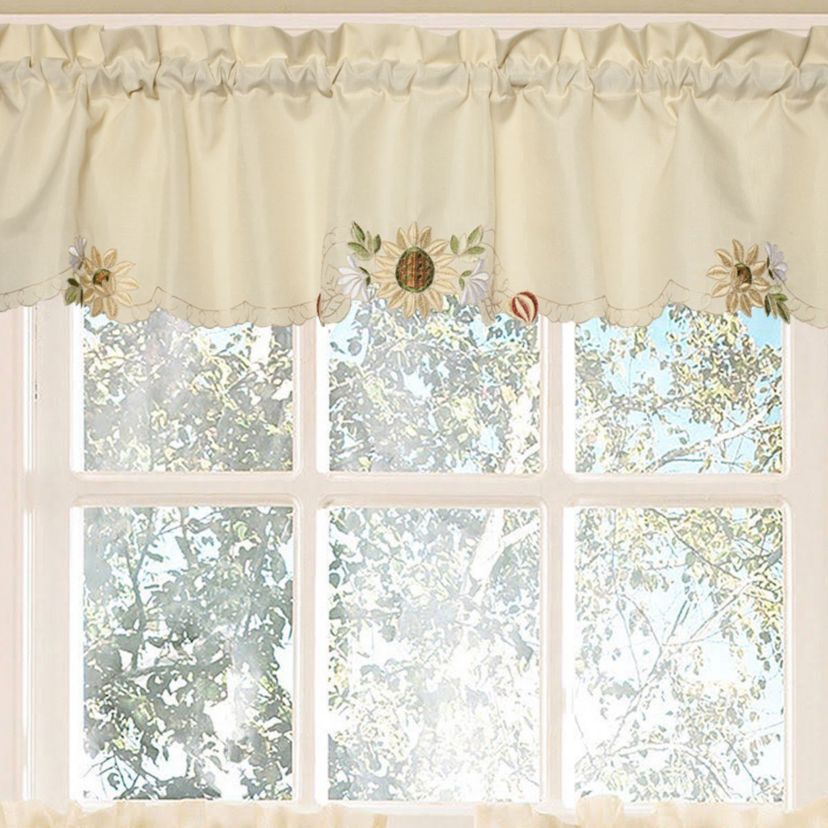 Rosemary Floral Embroidered Semi-Sheer Kitchen Curtain Valance