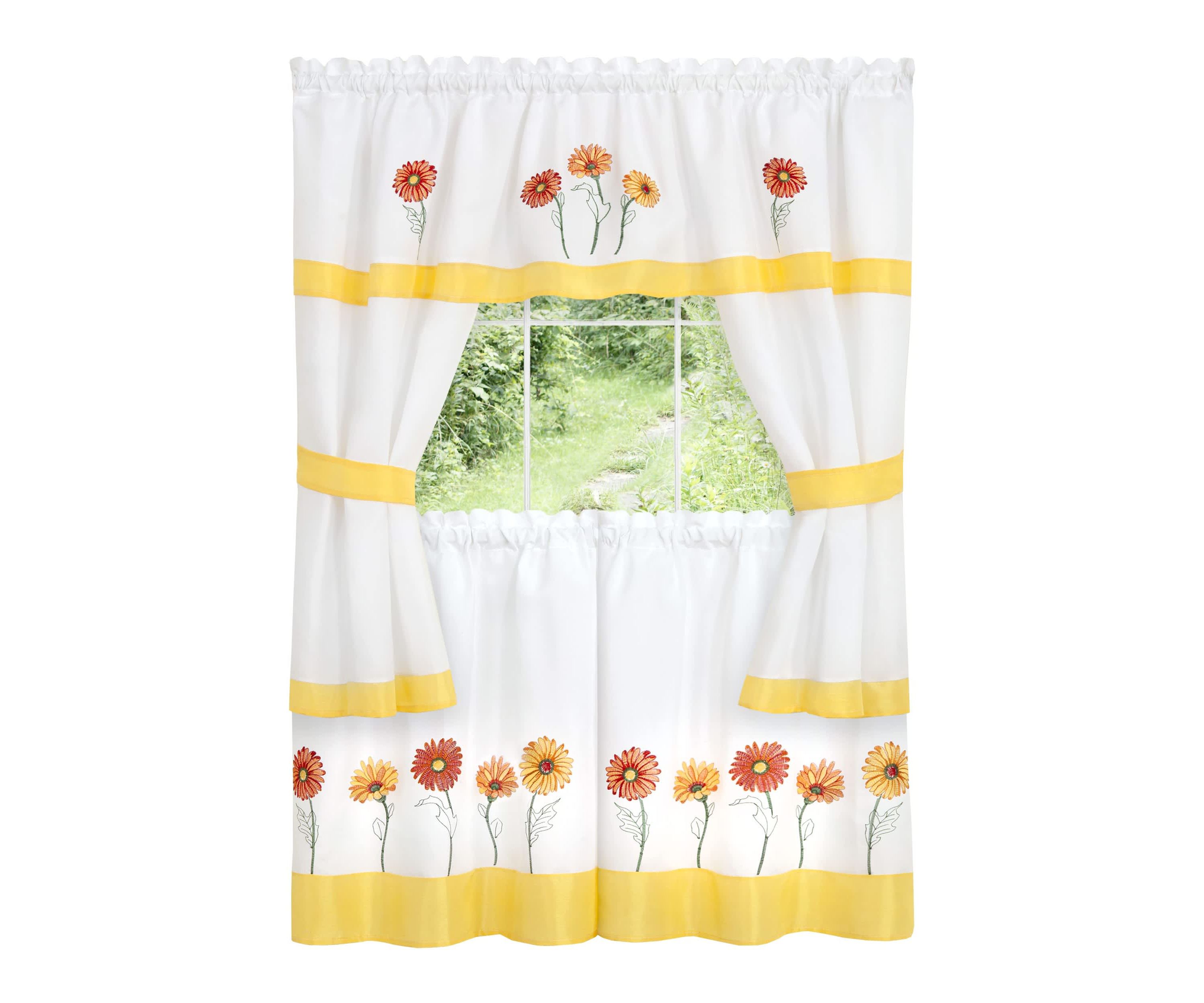 Gerbera Daisy Embellished Cottage Window Curtain Set