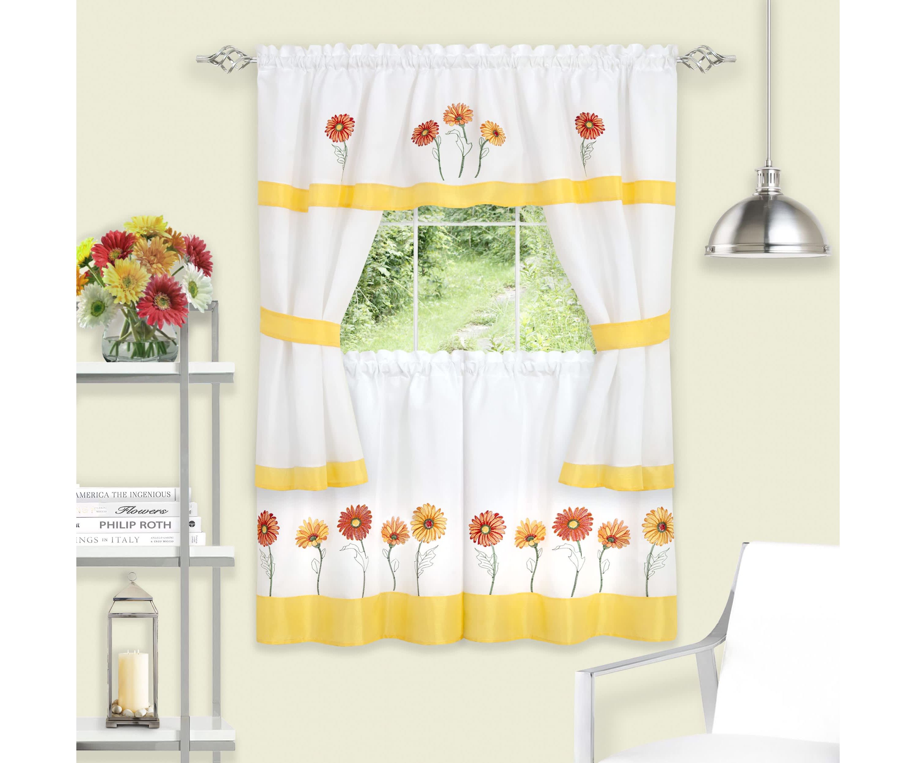 Gerbera Daisy Embellished Cottage Window Curtain Set