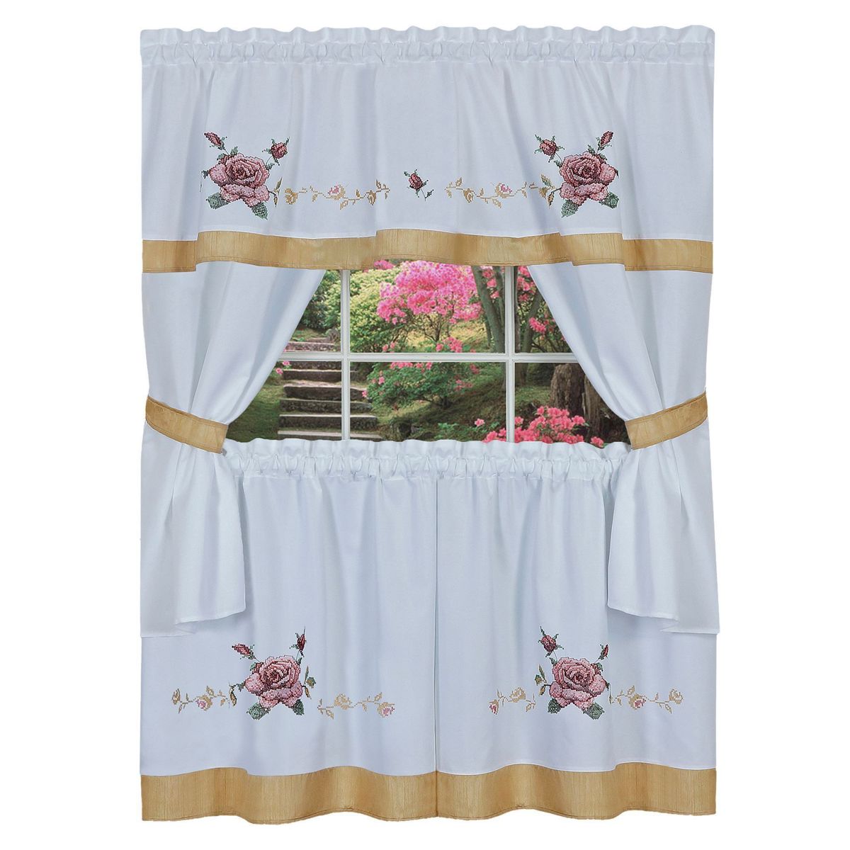 Rose Embellished Cottage Window Curtain Set
