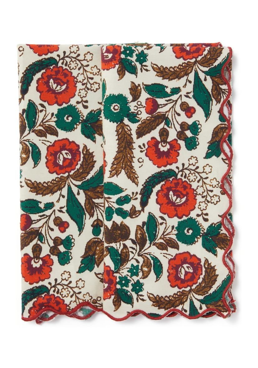 Red & Green Scalloped Floral Napkins - Set of 2