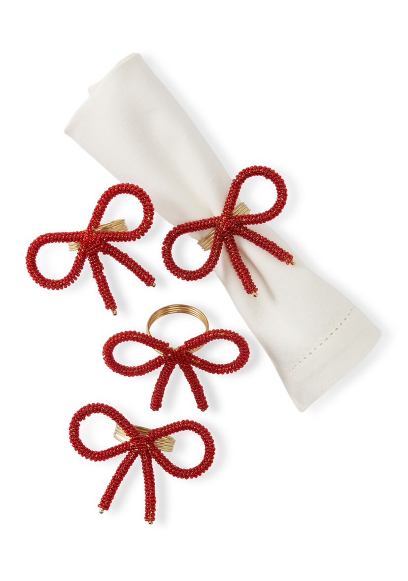 Set of 4 Red Beaded Bow Napkin Rings