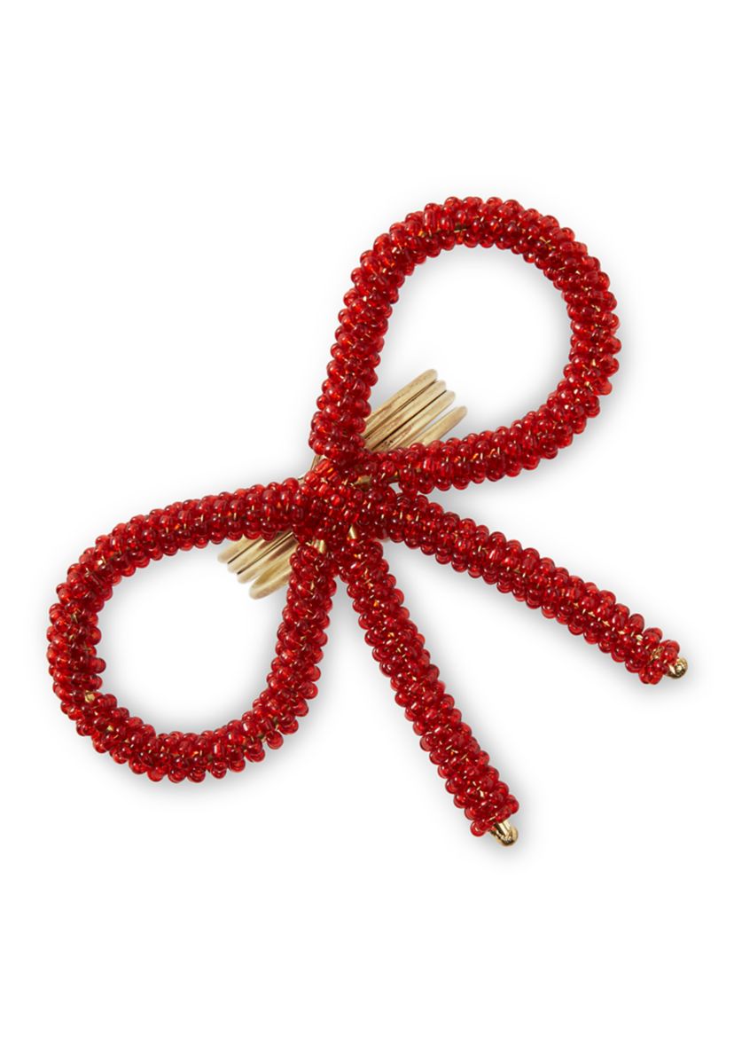 Set of 4 Red Beaded Bow Napkin Rings