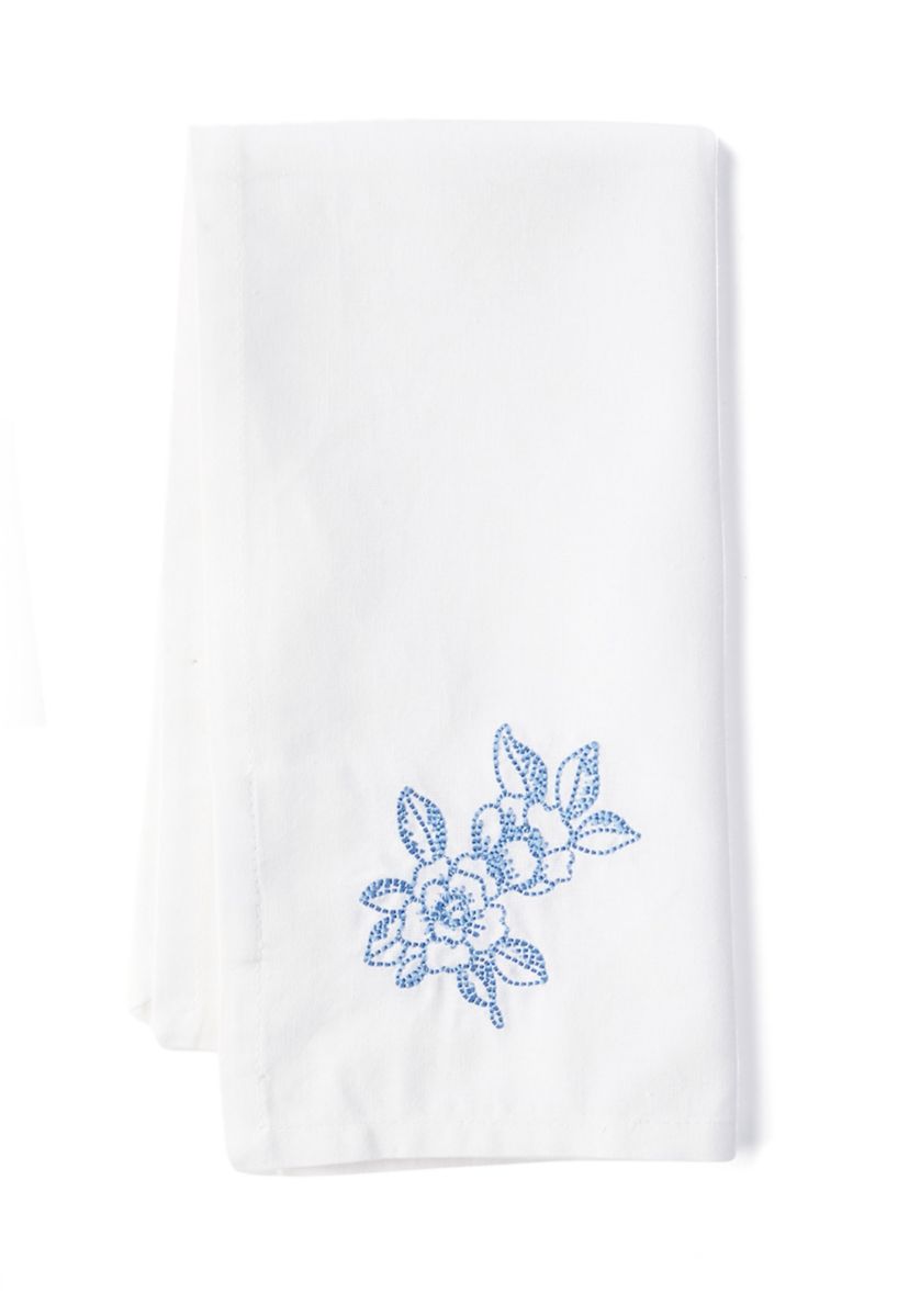 White and Blue Floral Embroidery Napkin Set of 2