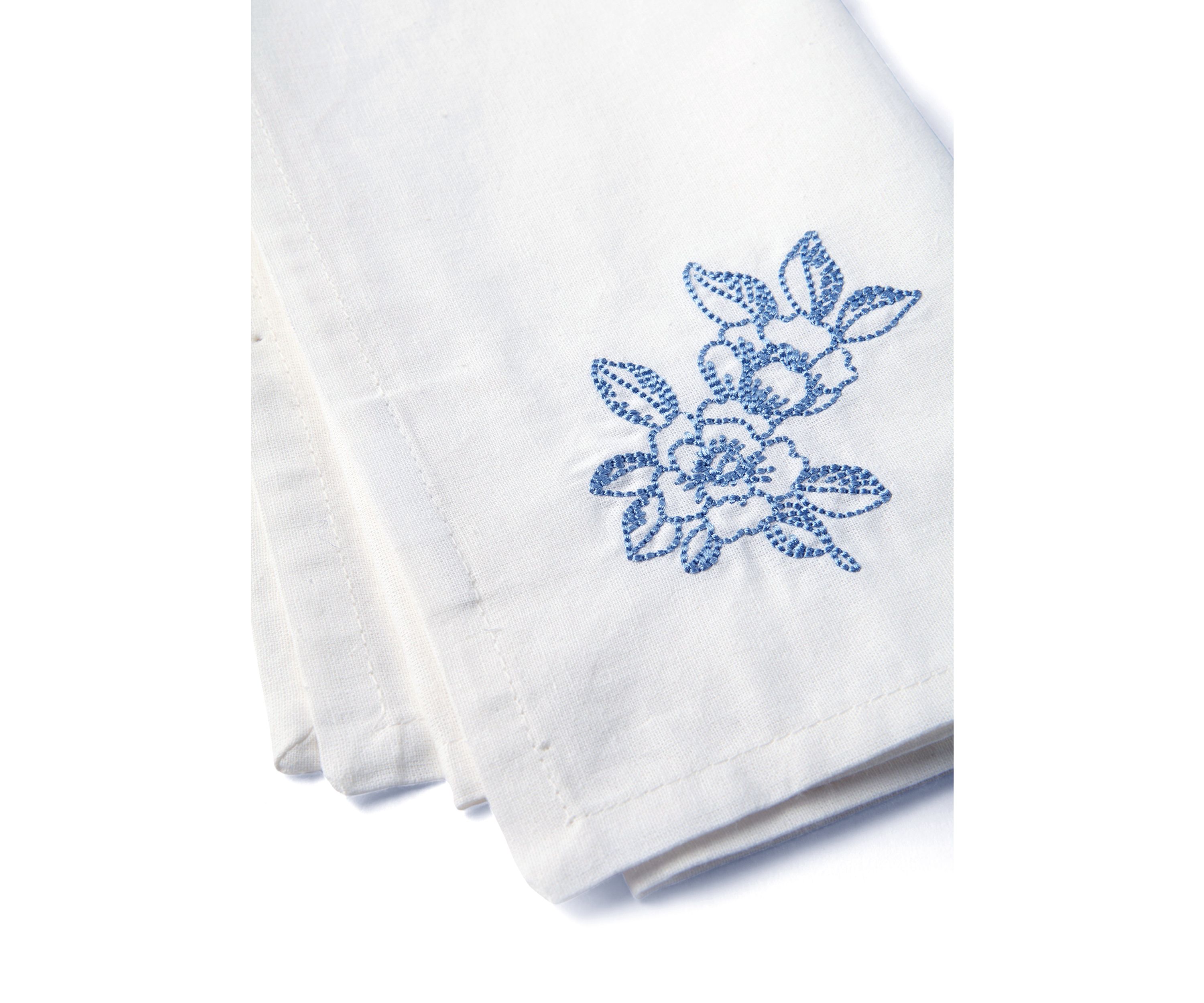 White and Blue Floral Embroidery Napkin Set of 2