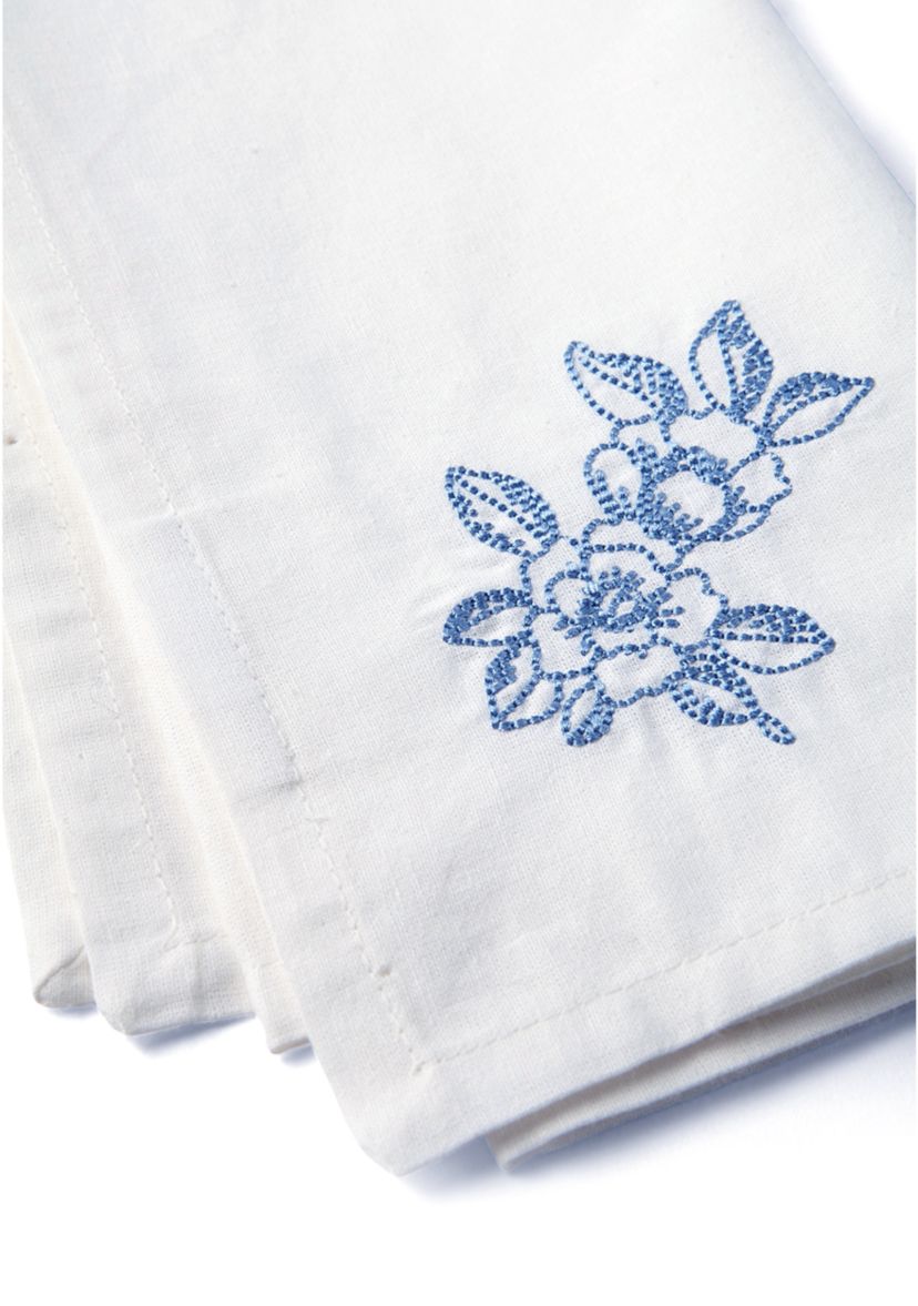 White and Blue Floral Embroidery Napkin Set of 2