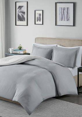 Madison Park Essentials Hayden Reversible Stripe Duvet Cover Set, Grey, Twin