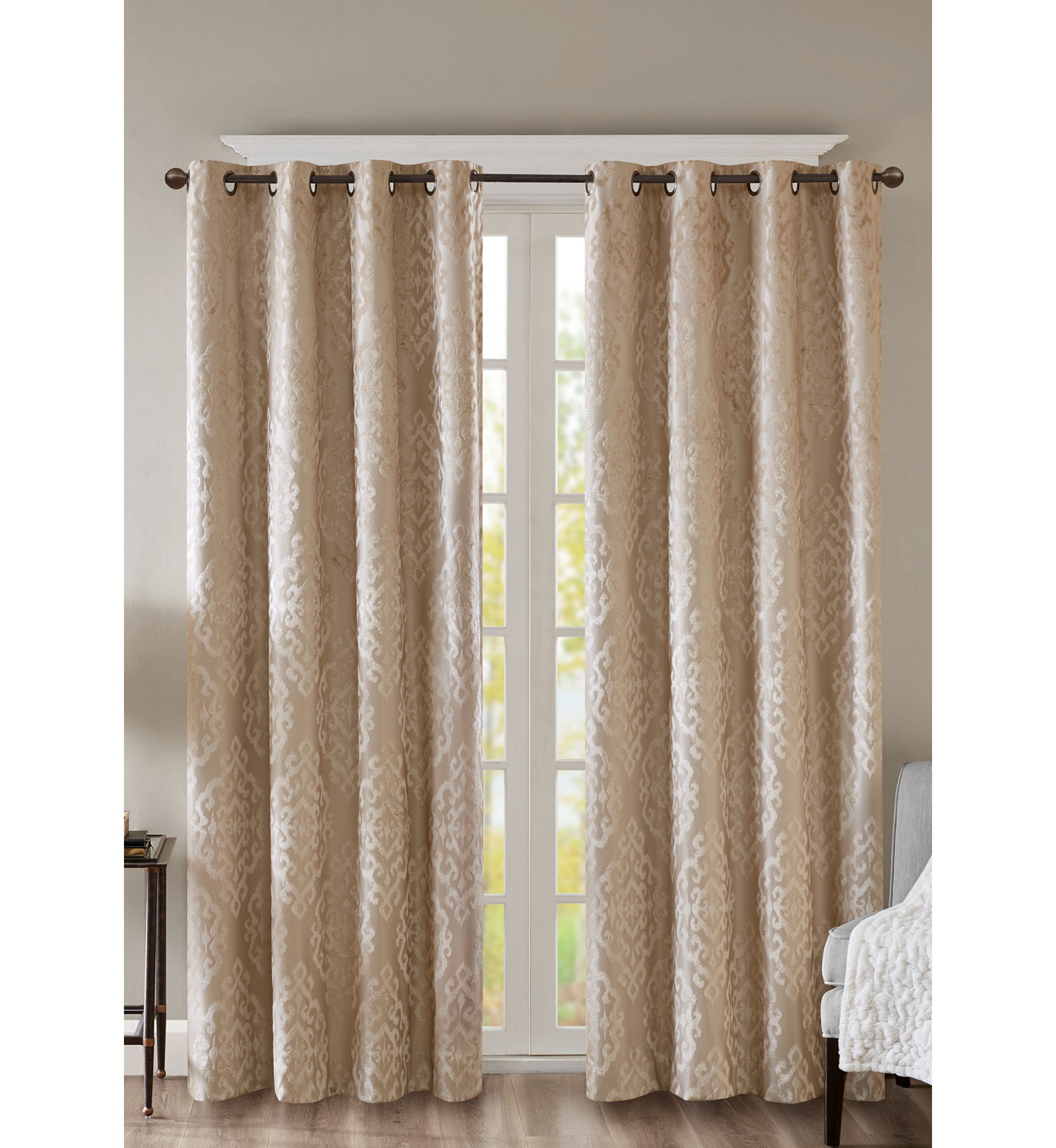 Mirage Knitted Jacquard Damask Total Blackout Grommet Top Curtain Panel