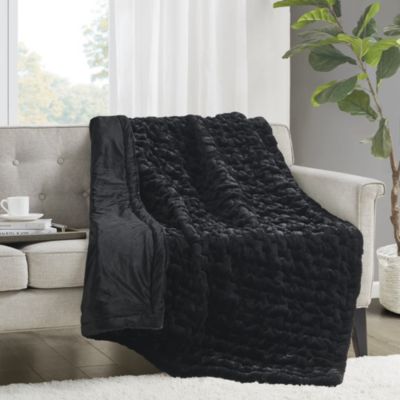 Madison Park Ruched Fur Throw, Black