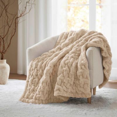 Madison Park Ruched Fur Throw, Tan