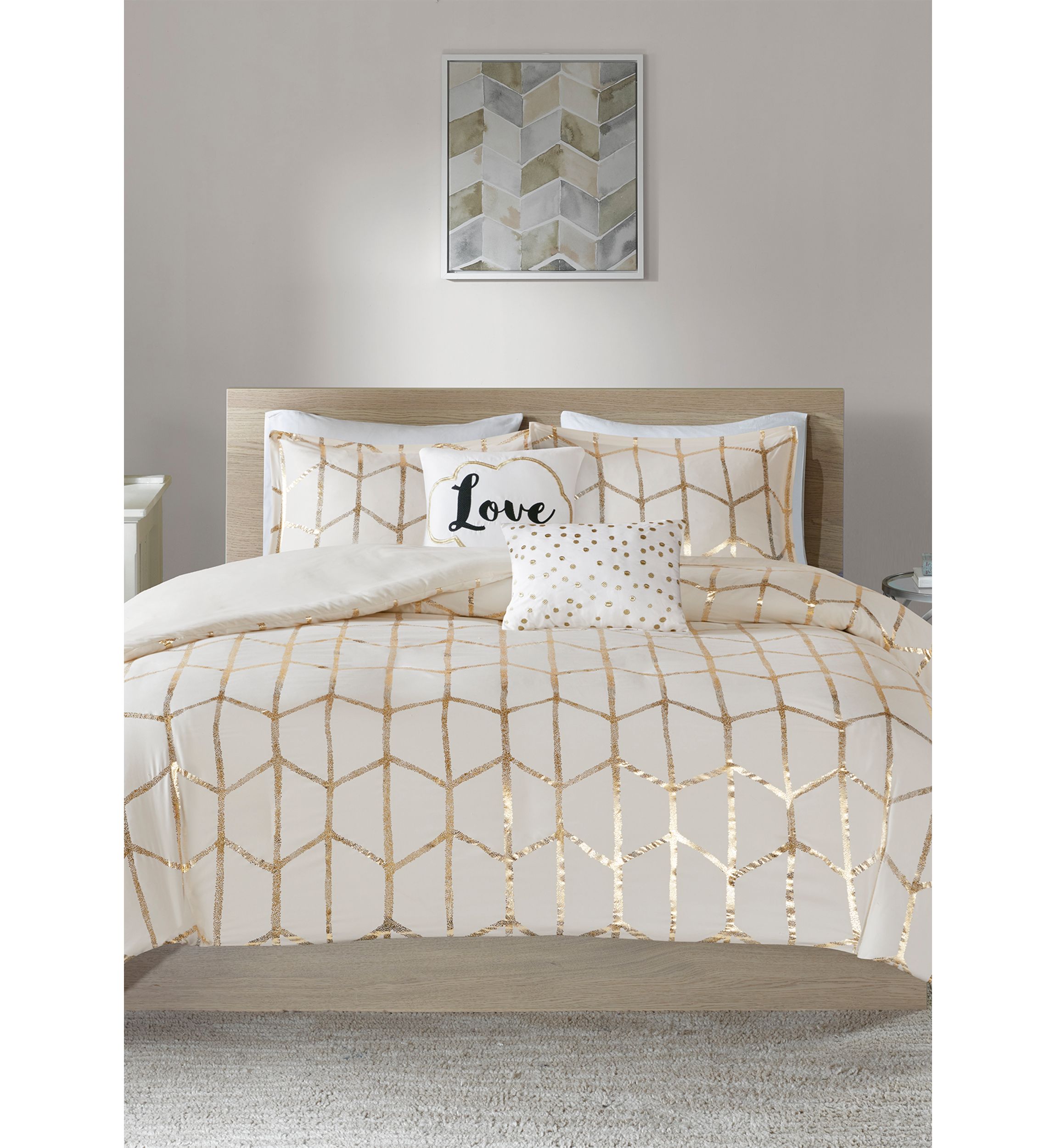 Set Lenzuola Intelligent Design, Moderno Con Stampa Geometrica Oro, Federa E Cuscini Decorativi, Tessuto Microfibra, Taglia Matrimoniale XL - 6