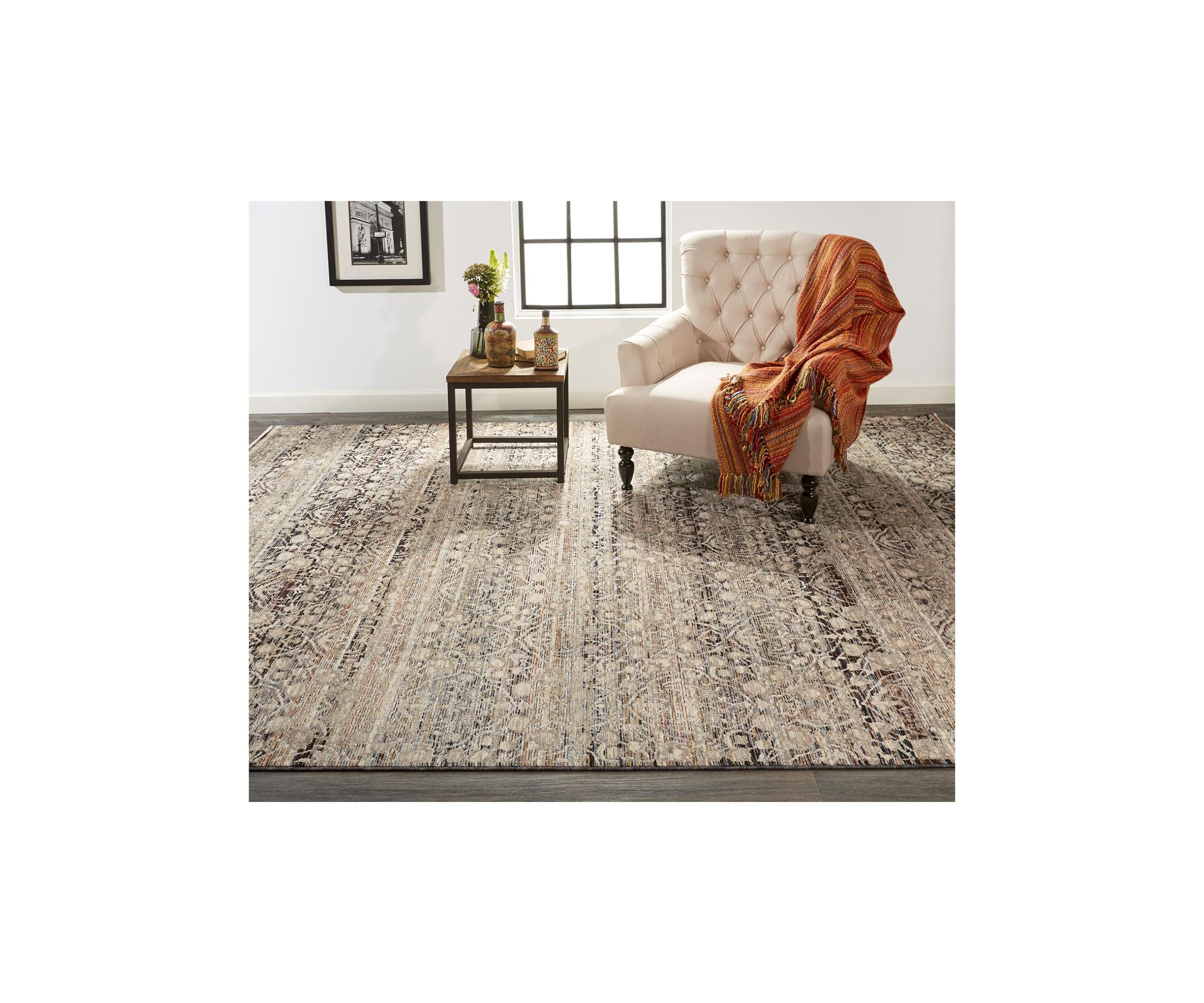 Ennis Transitional Damask Area Rug