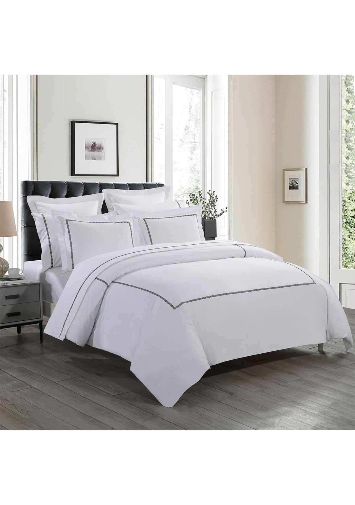 TENCEL™ Lyocell  and Cotton Blend White Full/Queen Duvet Cover Set with Black Embroidery
