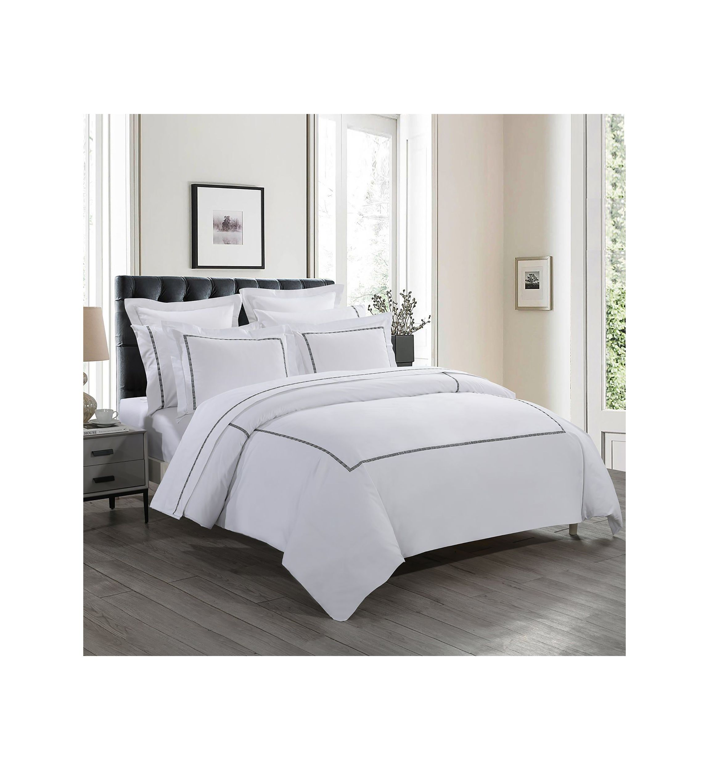 TENCEL™ Lyocell  and Cotton Blend White Full/Queen Duvet Cover Set with Black Embroidery