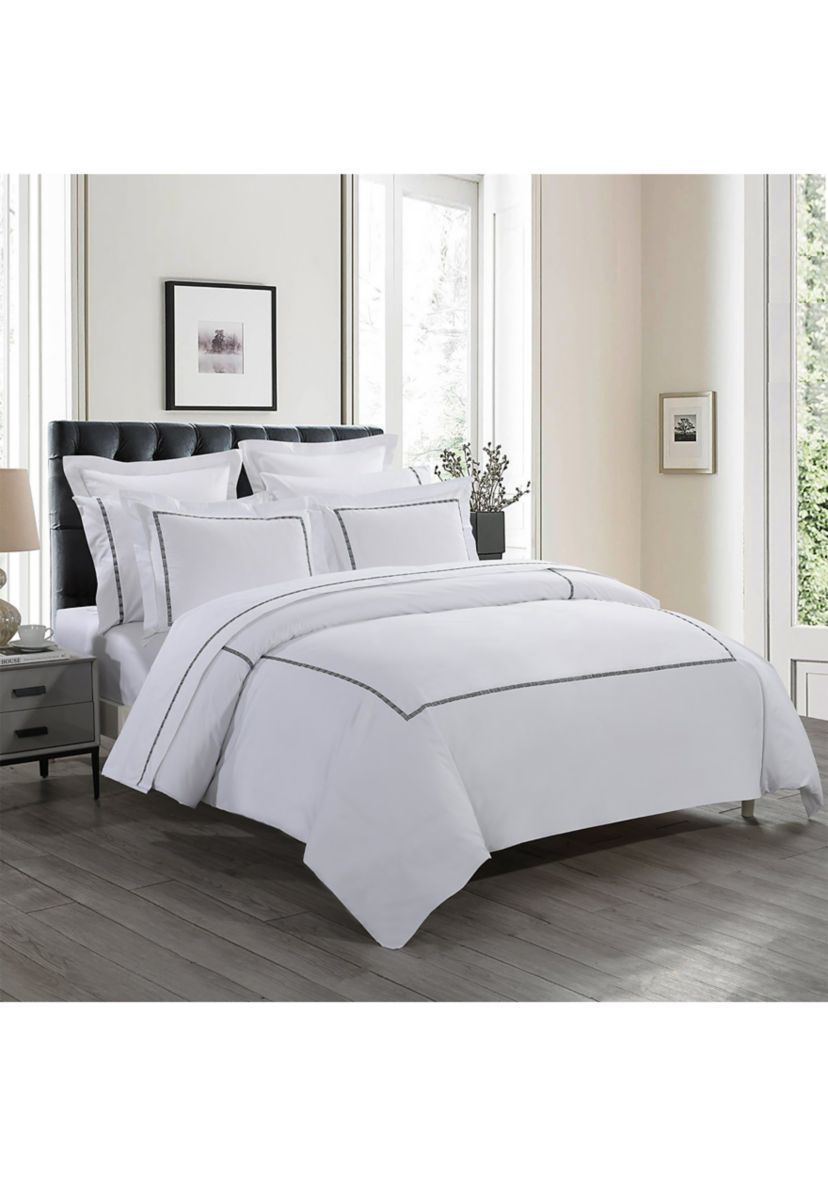 TENCEL™ Lyocell  and Cotton Blend White Full/Queen Duvet Cover Set with Black Embroidery