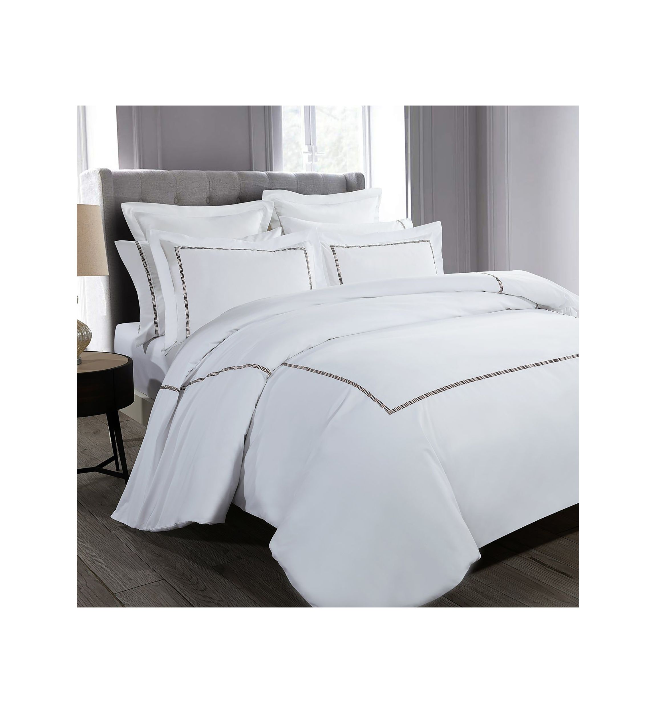 TENCEL™ Lyocell  and Cotton Blend White Full/Queen Duvet Cover Set with Black Embroidery