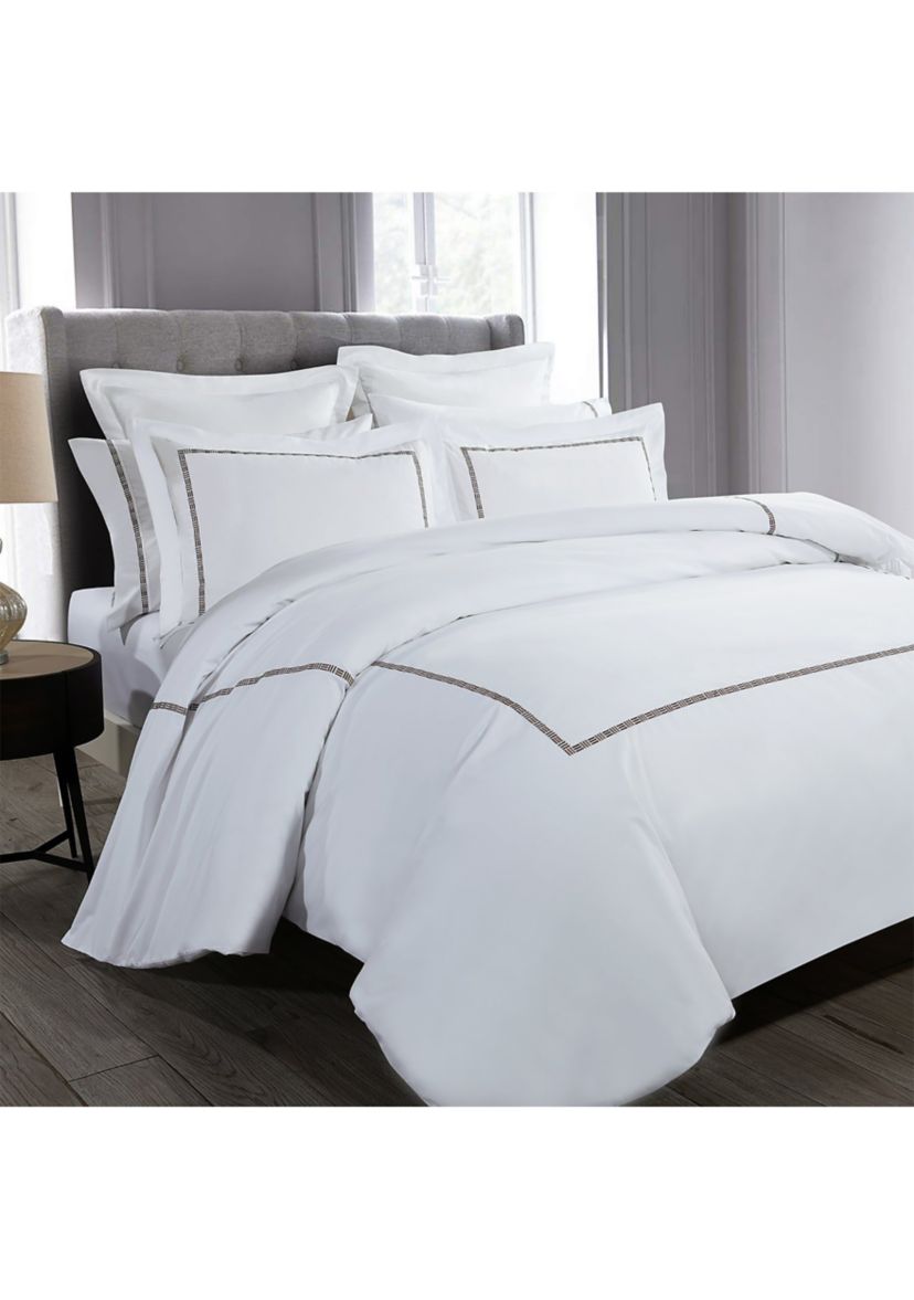 TENCEL™ Lyocell  and Cotton Blend White Full/Queen Duvet Cover Set with Black Embroidery