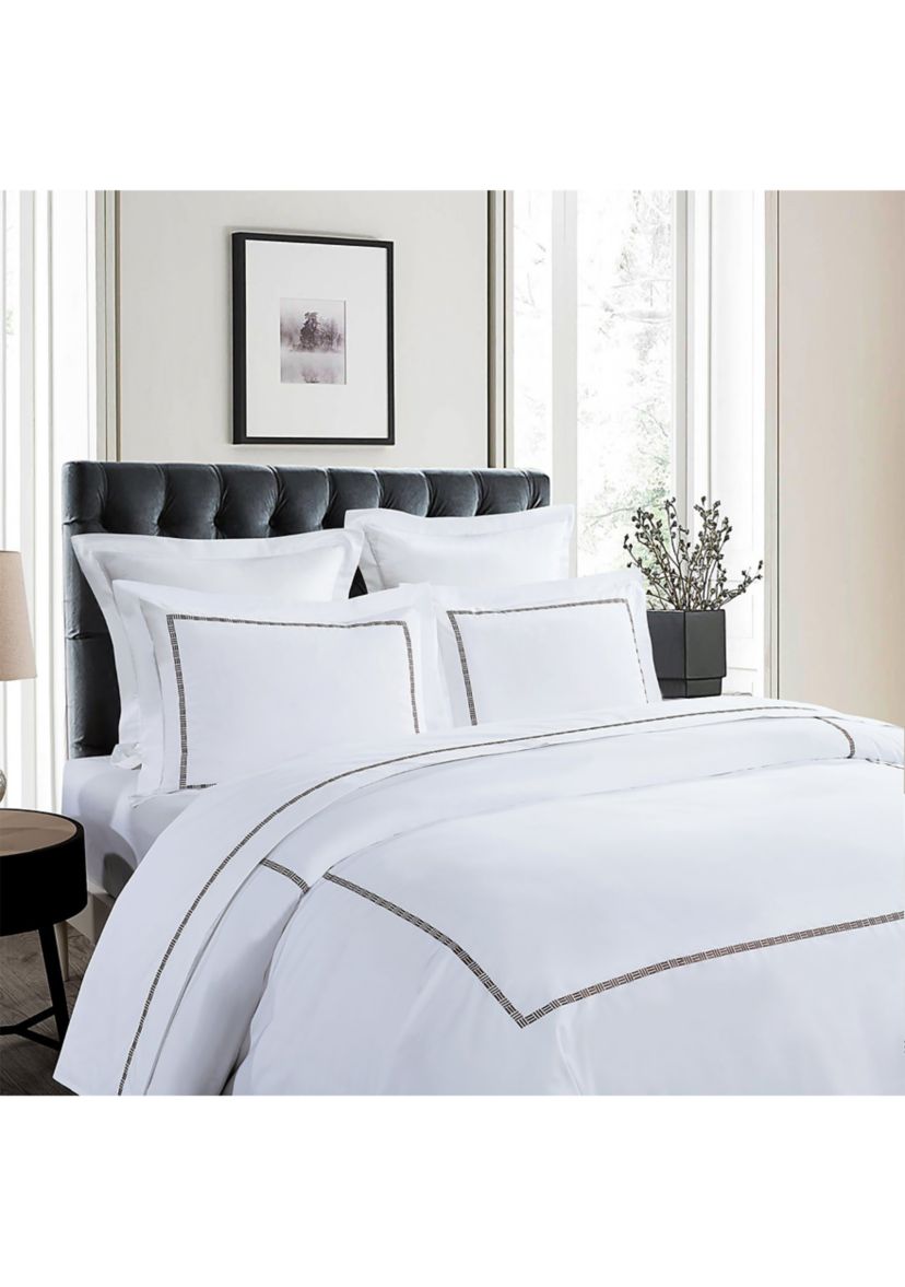 TENCEL™ Lyocell  and Cotton Blend White Full/Queen Duvet Cover Set with Black Embroidery