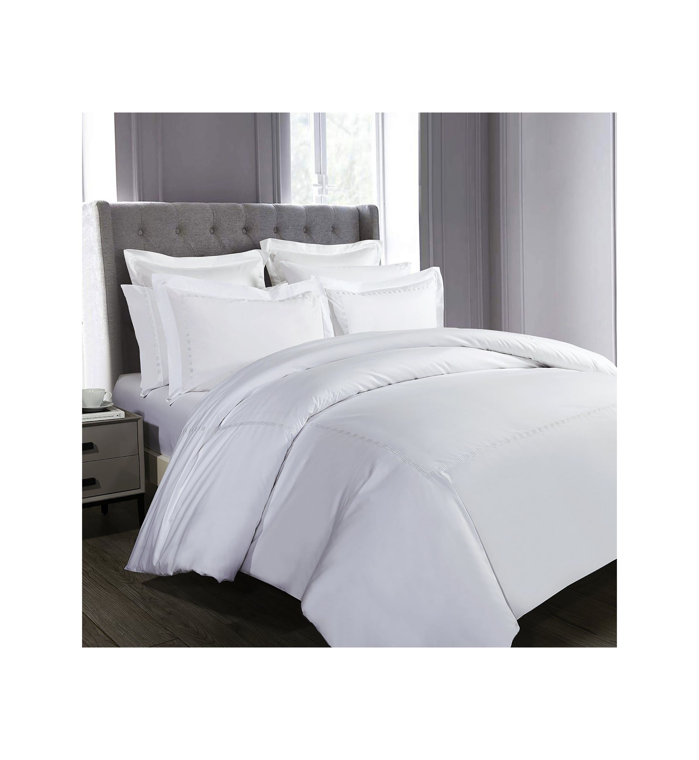 TENCEL��� Lyocell  and Cotton Blend White Twin Duvet Cover Set with Taupe Embroidery
