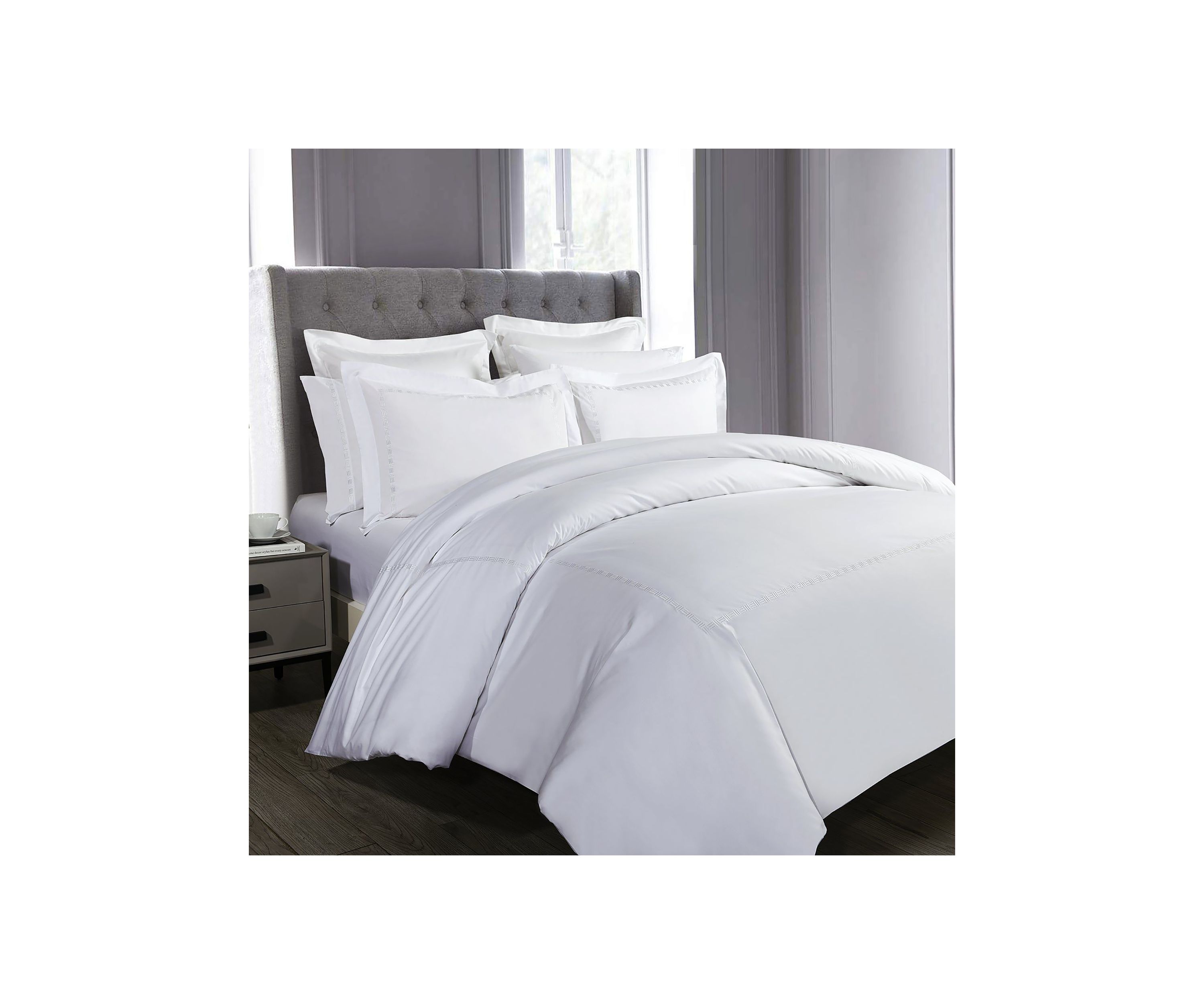 TENCEL��� Lyocell  and Cotton Blend White Twin Duvet Cover Set with Taupe Embroidery