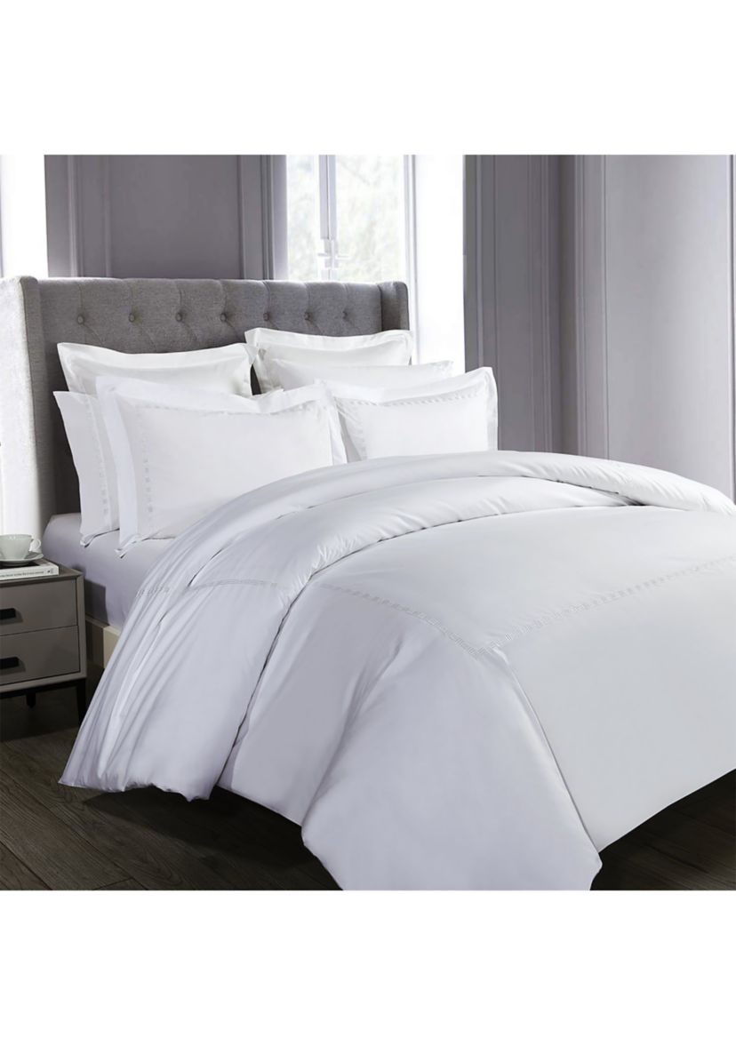 TENCEL��� Lyocell  and Cotton Blend White Twin Duvet Cover Set with Taupe Embroidery