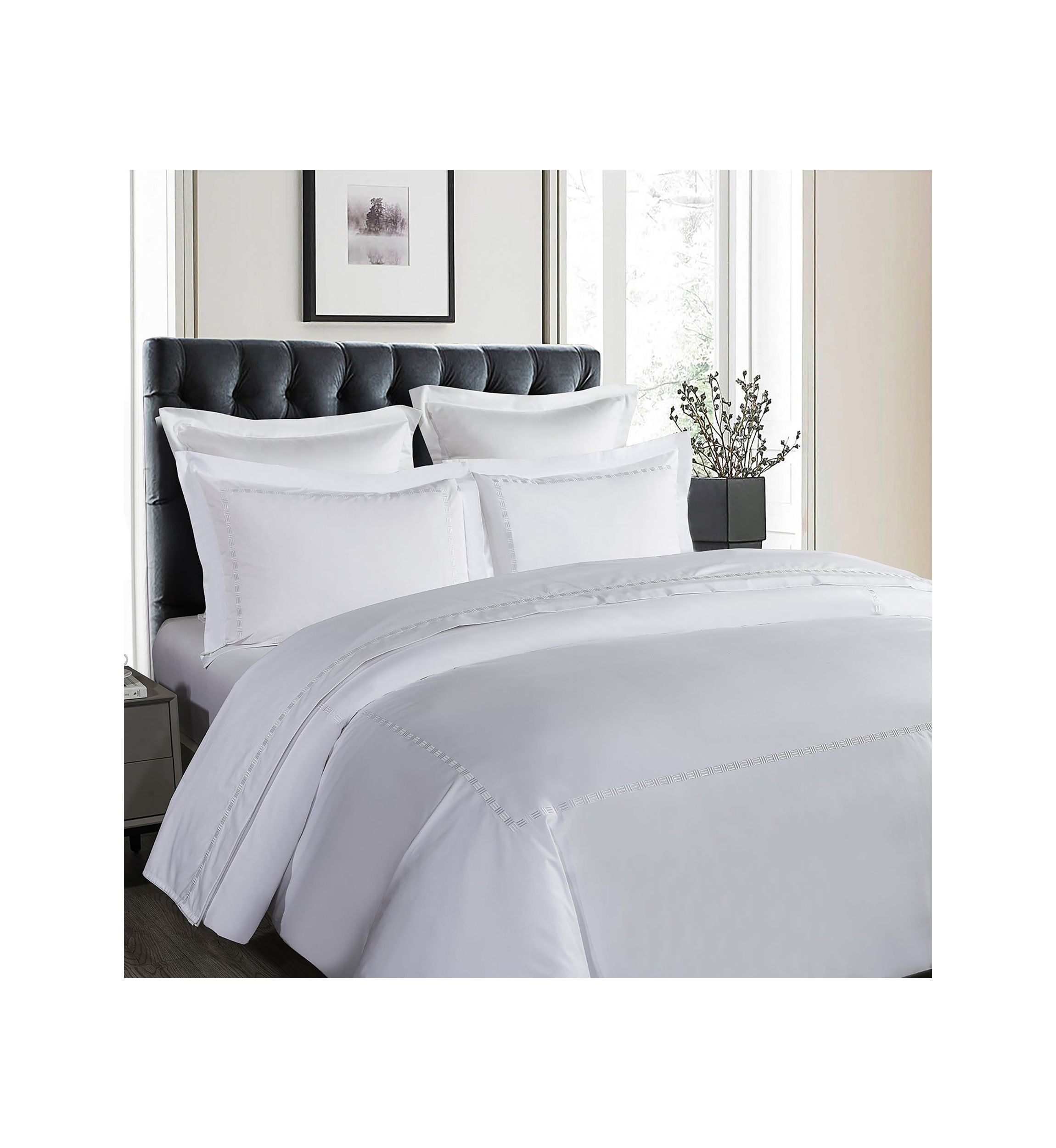 TENCEL��� Lyocell  and Cotton Blend White Twin Duvet Cover Set with Taupe Embroidery