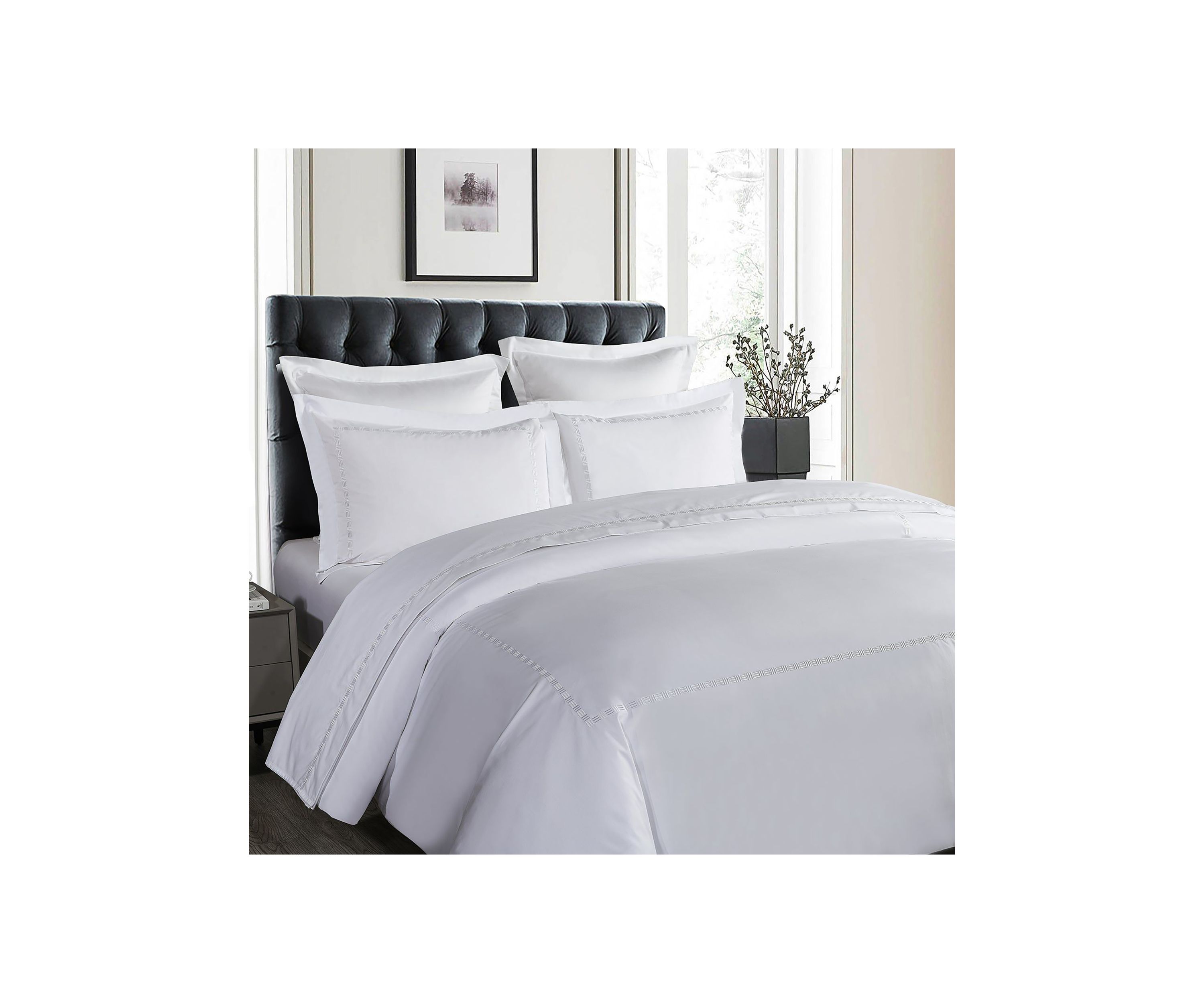 TENCEL��� Lyocell  and Cotton Blend White Twin Duvet Cover Set with Taupe Embroidery