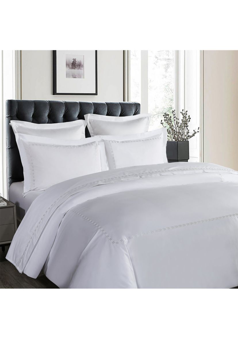 TENCEL��� Lyocell  and Cotton Blend White Twin Duvet Cover Set with Taupe Embroidery