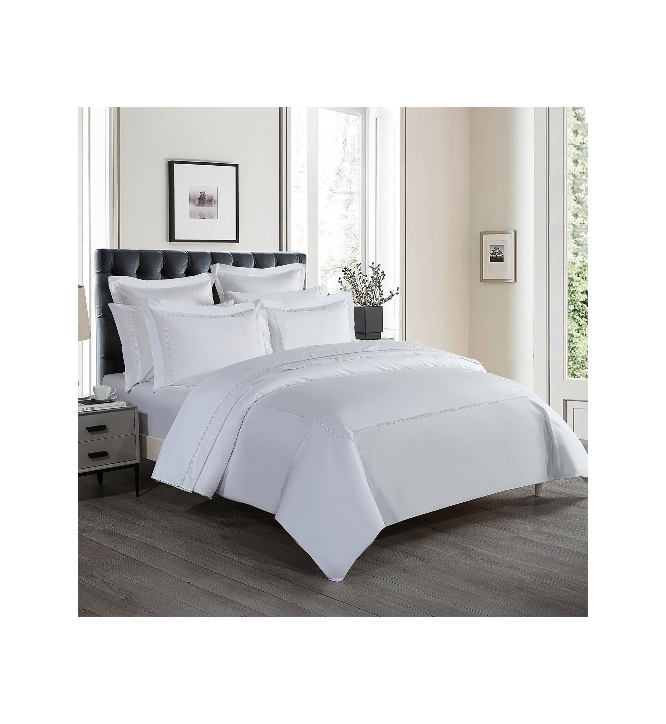 TENCEL��� Lyocell  and Cotton Blend White Twin Duvet Cover Set with Taupe Embroidery