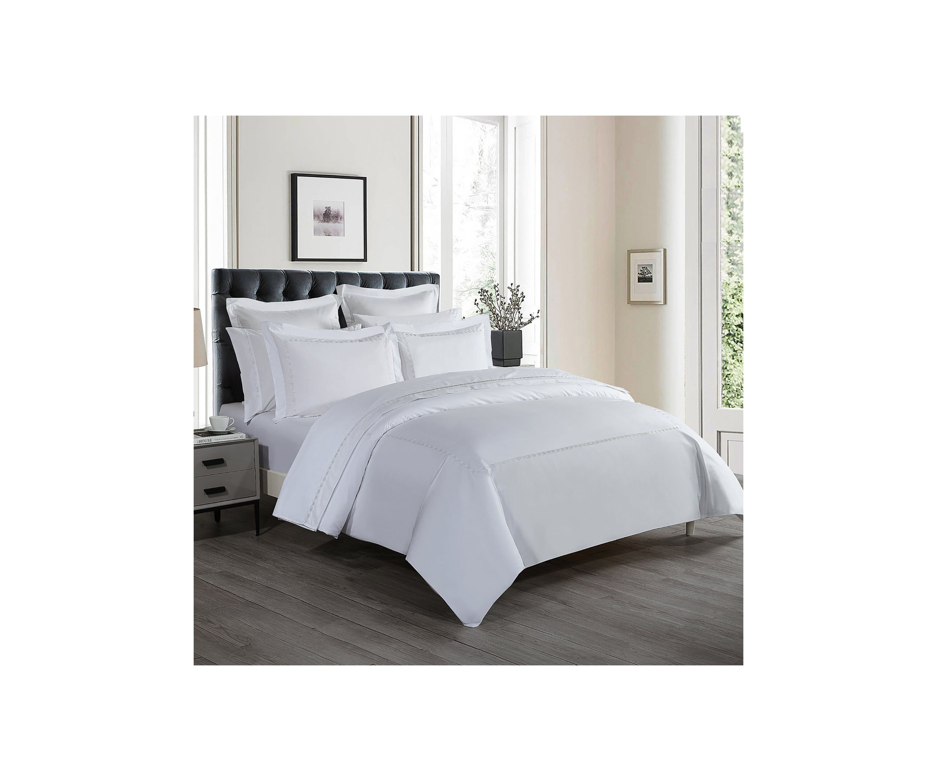 TENCEL��� Lyocell  and Cotton Blend White Twin Duvet Cover Set with Taupe Embroidery