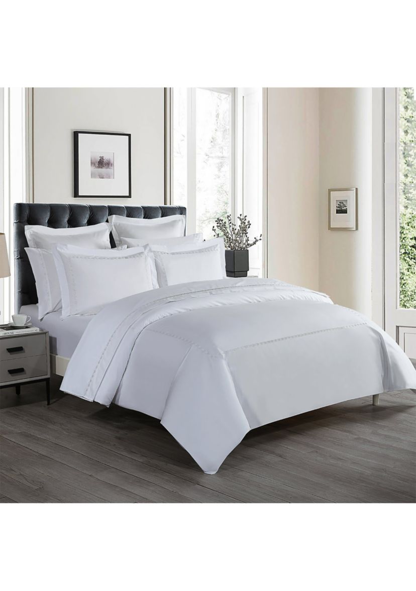 TENCEL��� Lyocell  and Cotton Blend White Twin Duvet Cover Set with Taupe Embroidery