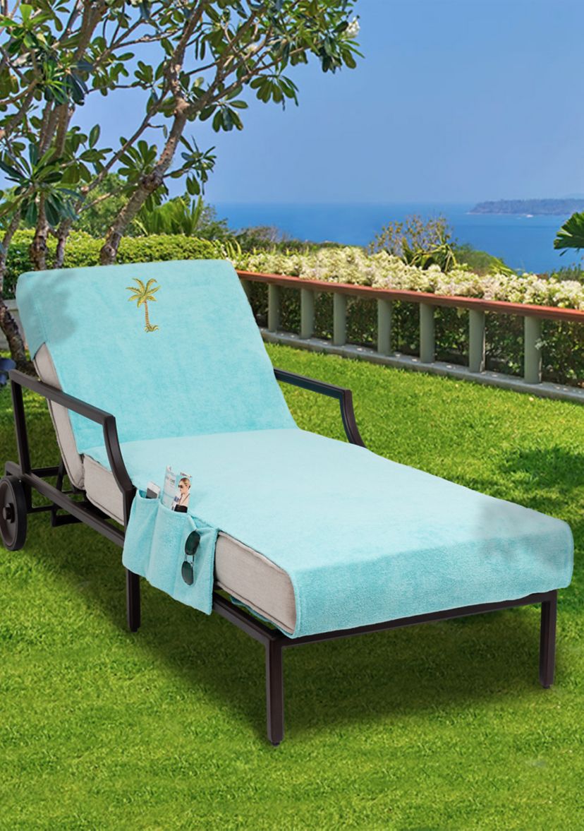 Embroidered Palm Tree Standard Size Chaise Lounge Cover with Side Pockets