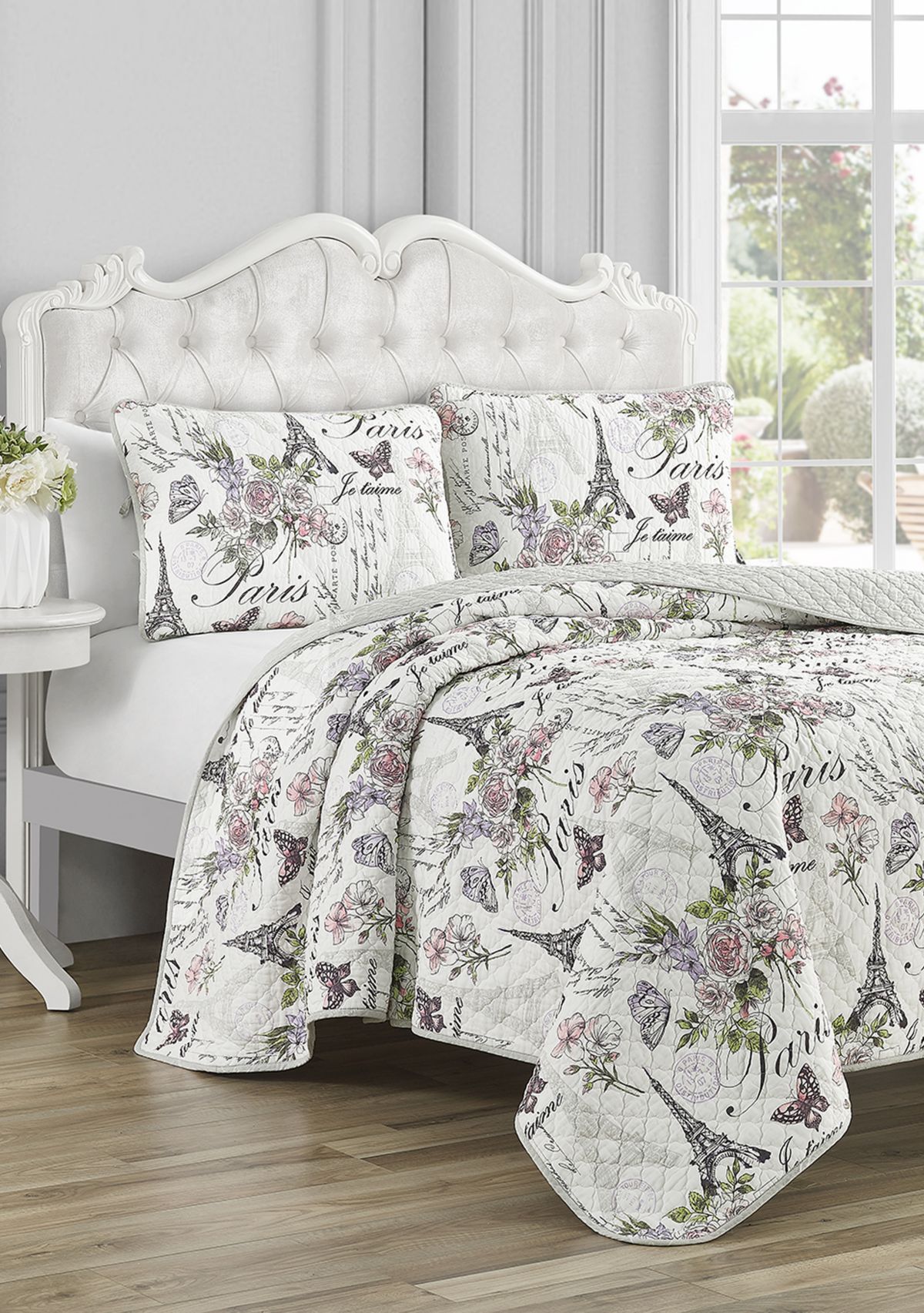 Paris Floral Cotton Reversible Quilt Set