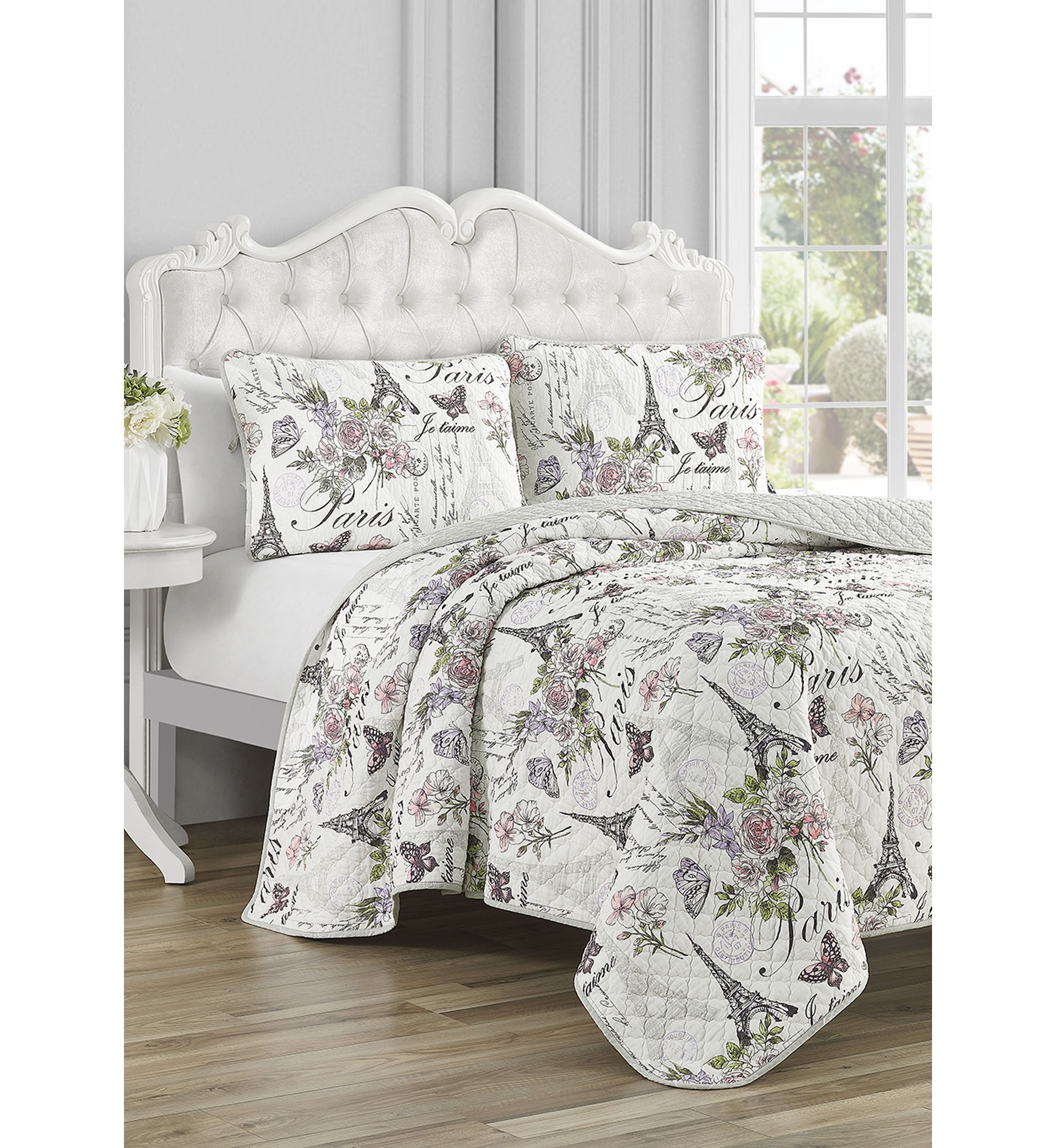 Paris Floral Cotton Reversible Quilt Set