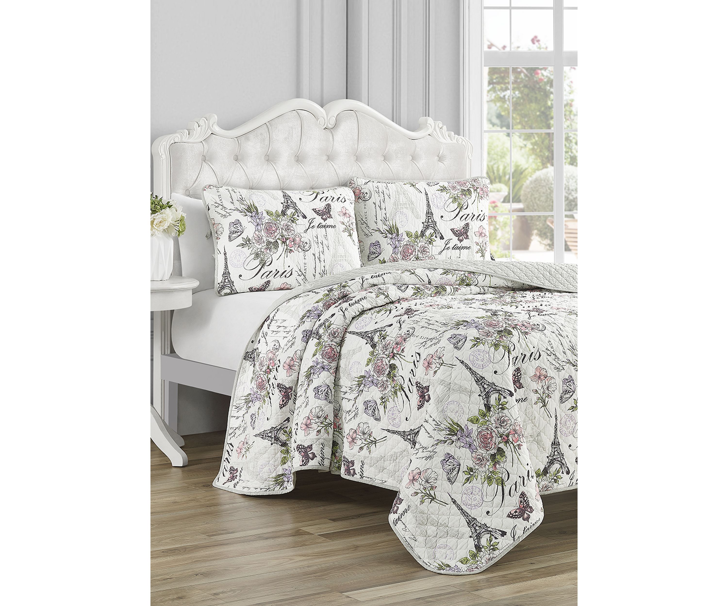 Paris Floral Cotton Reversible Quilt Set