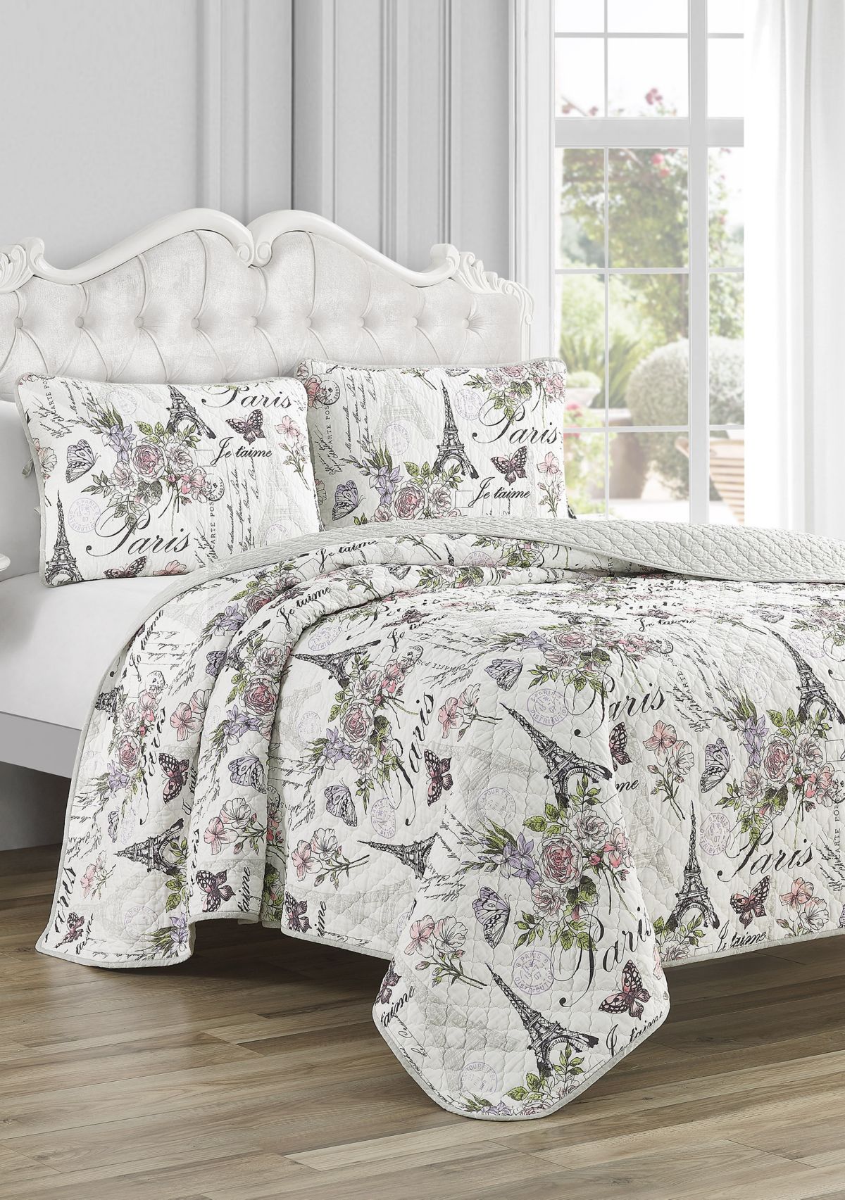 Paris Floral Cotton Reversible Quilt Set