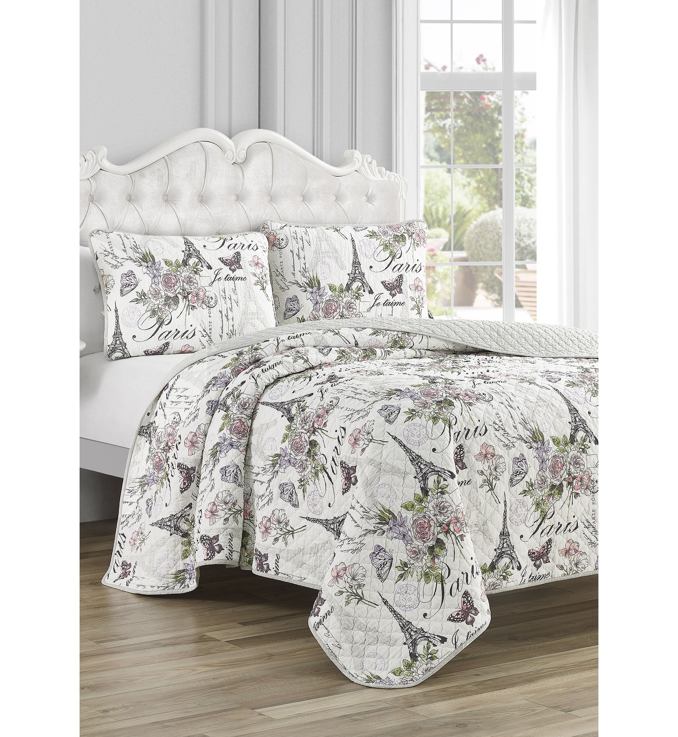Paris Floral Cotton Reversible Quilt Set