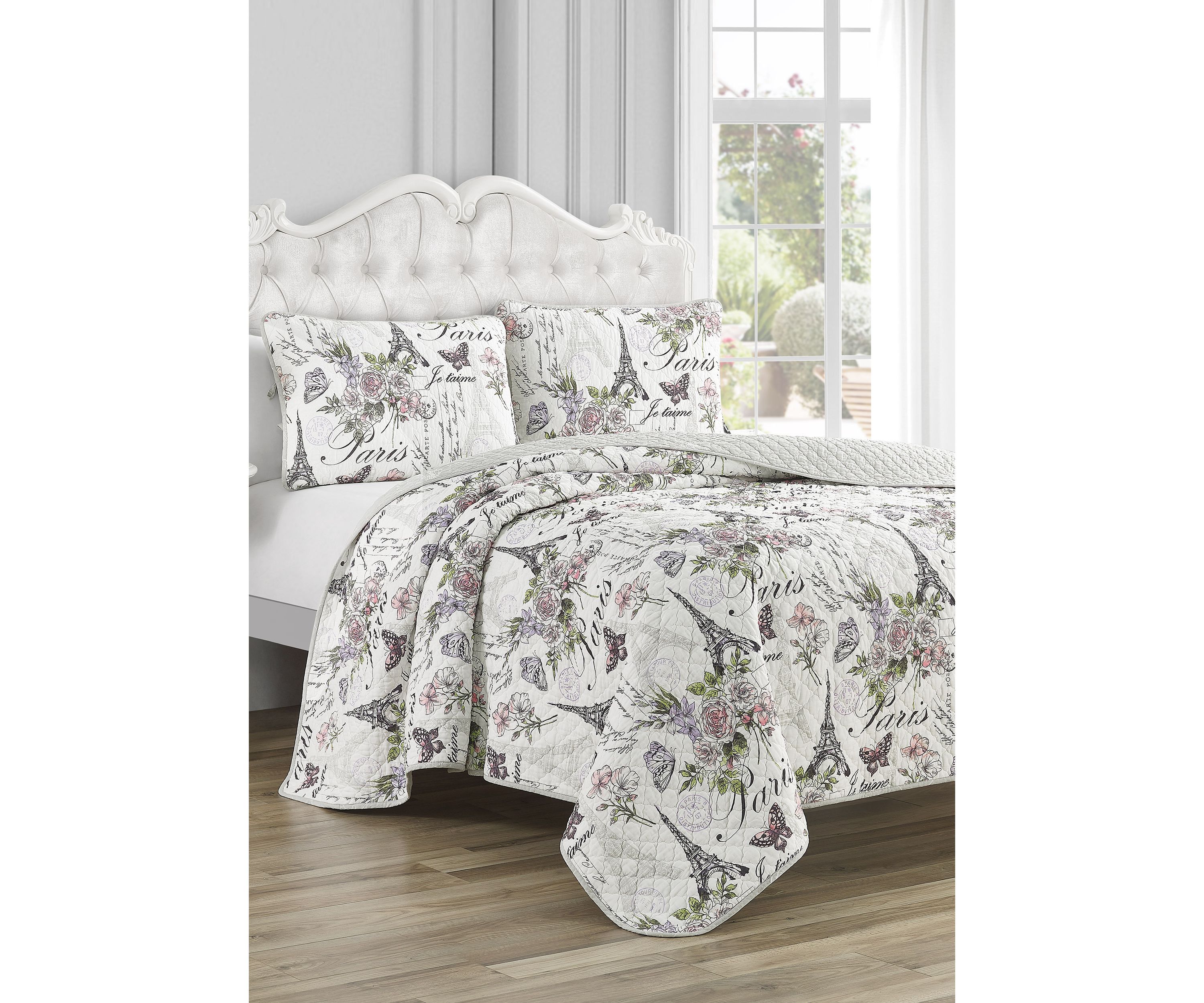 Paris Floral Cotton Reversible Quilt Set