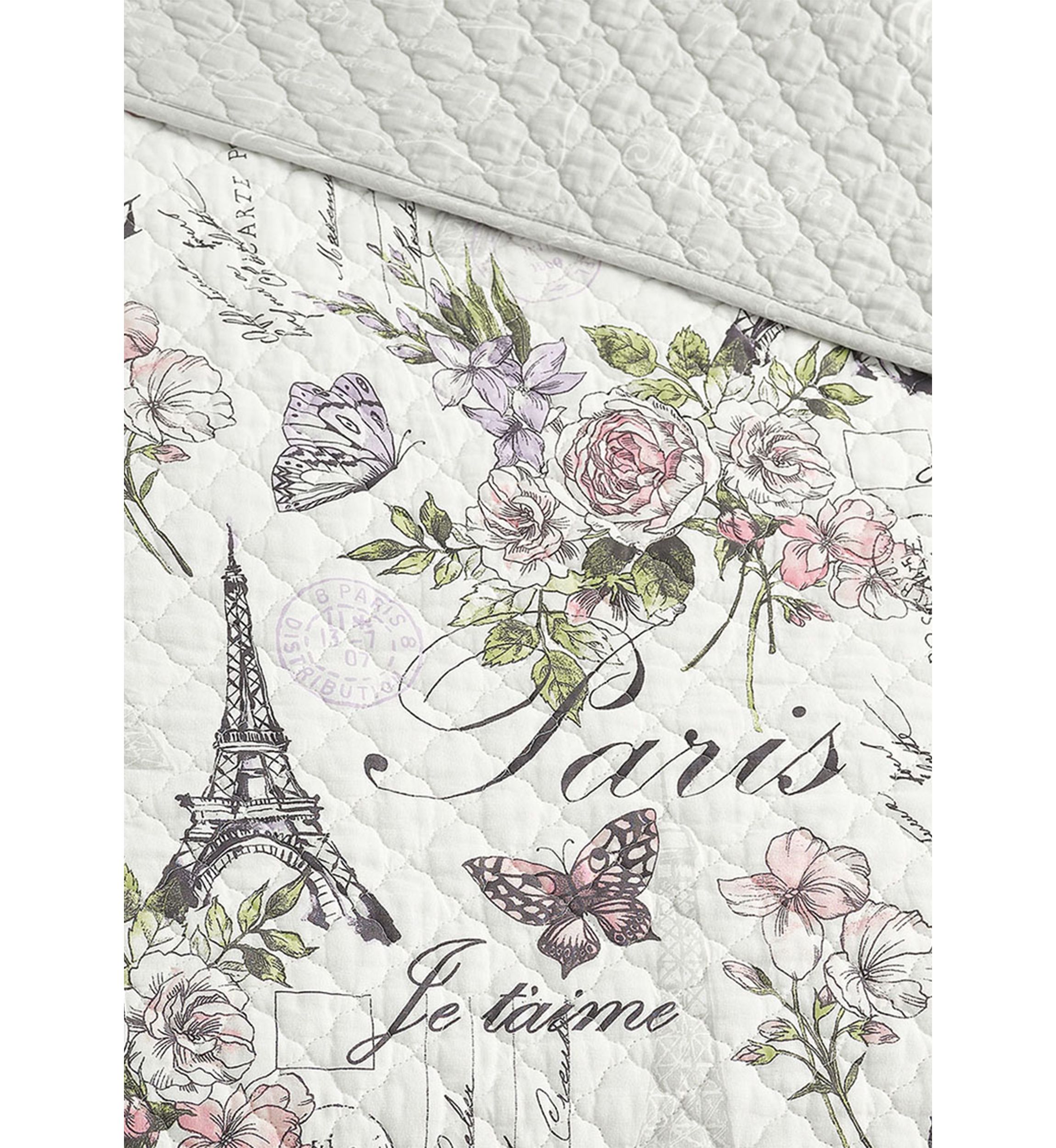 Paris Floral Cotton Reversible Quilt Set