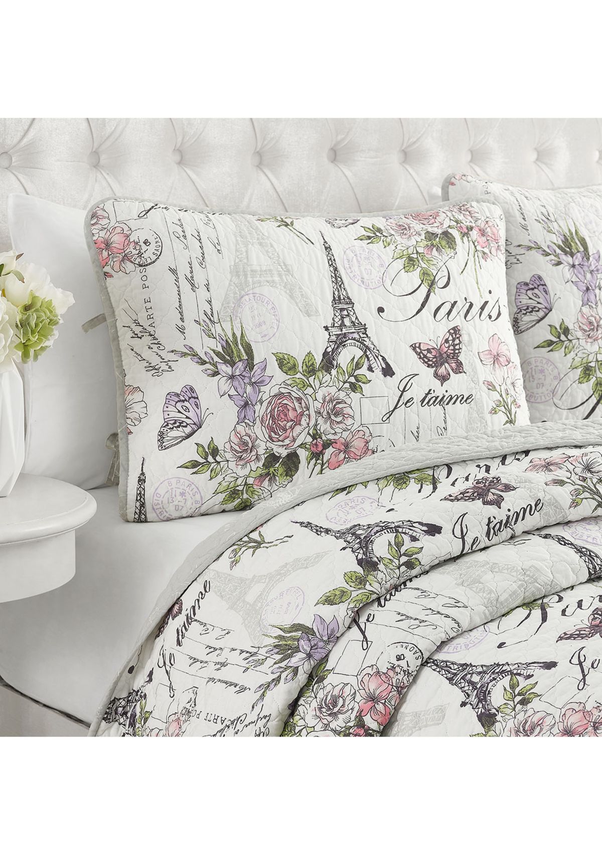 Paris Floral Cotton Reversible Quilt Set