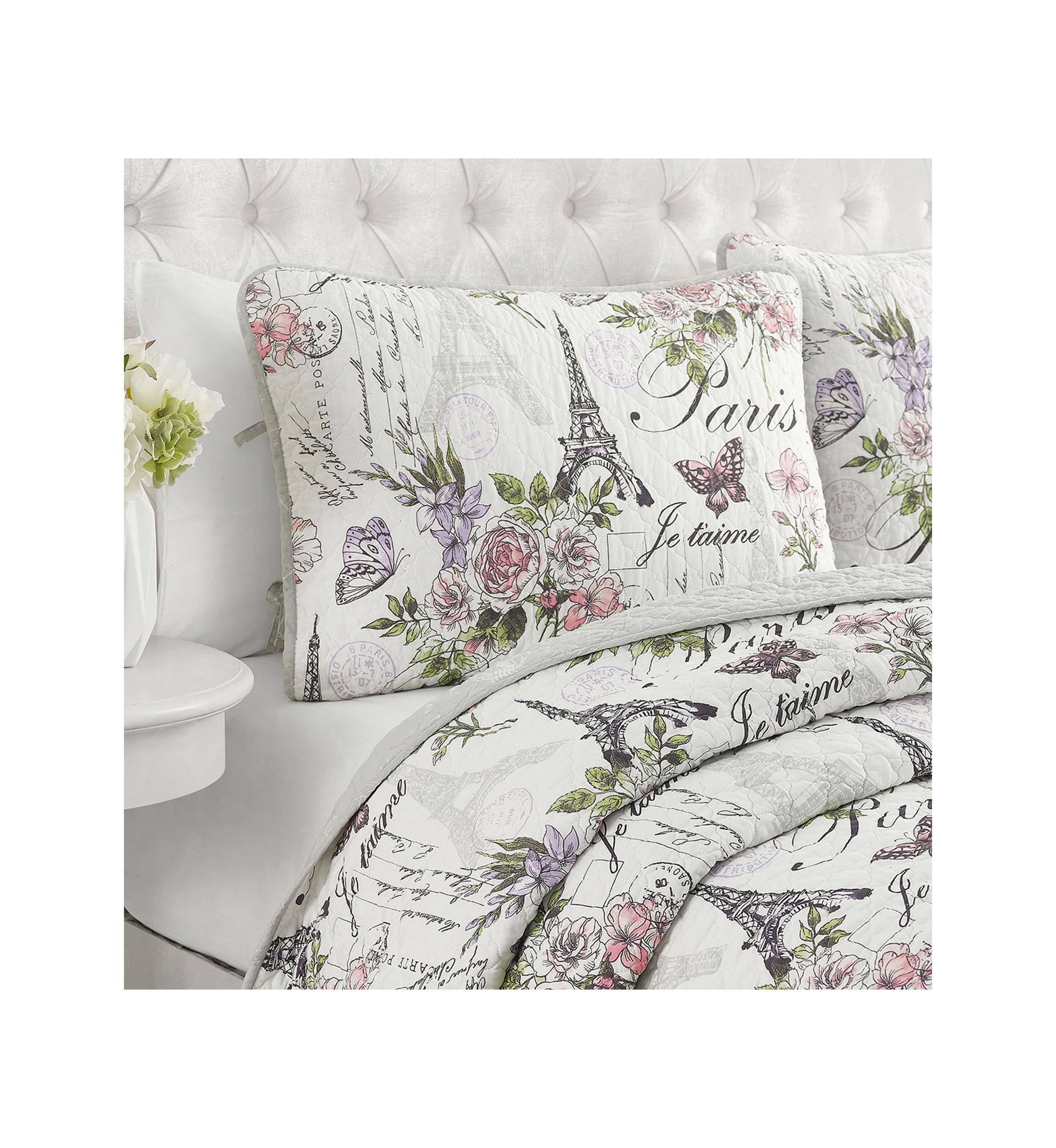 Paris Floral Cotton Reversible Quilt Set